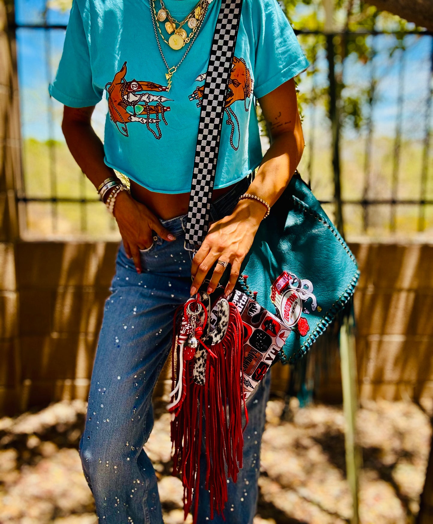 SAT-HOUSTON IM THW PROBLEM PRETTY AND EDGY- HANDMADE GENUINE COWHIDE CACTUS FRINGE- crossbody strap included** The Jerome**