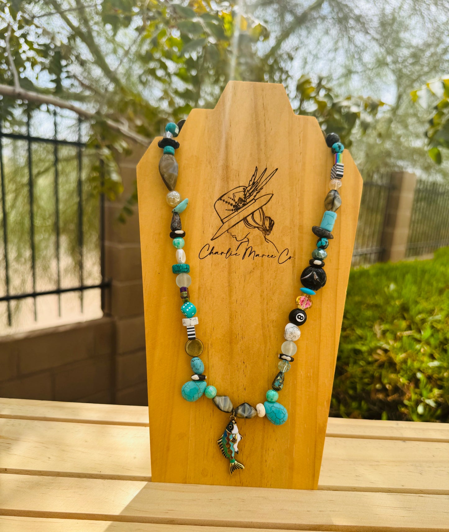 NC- turquoise bass fish +Handmade chunky beaded necklace