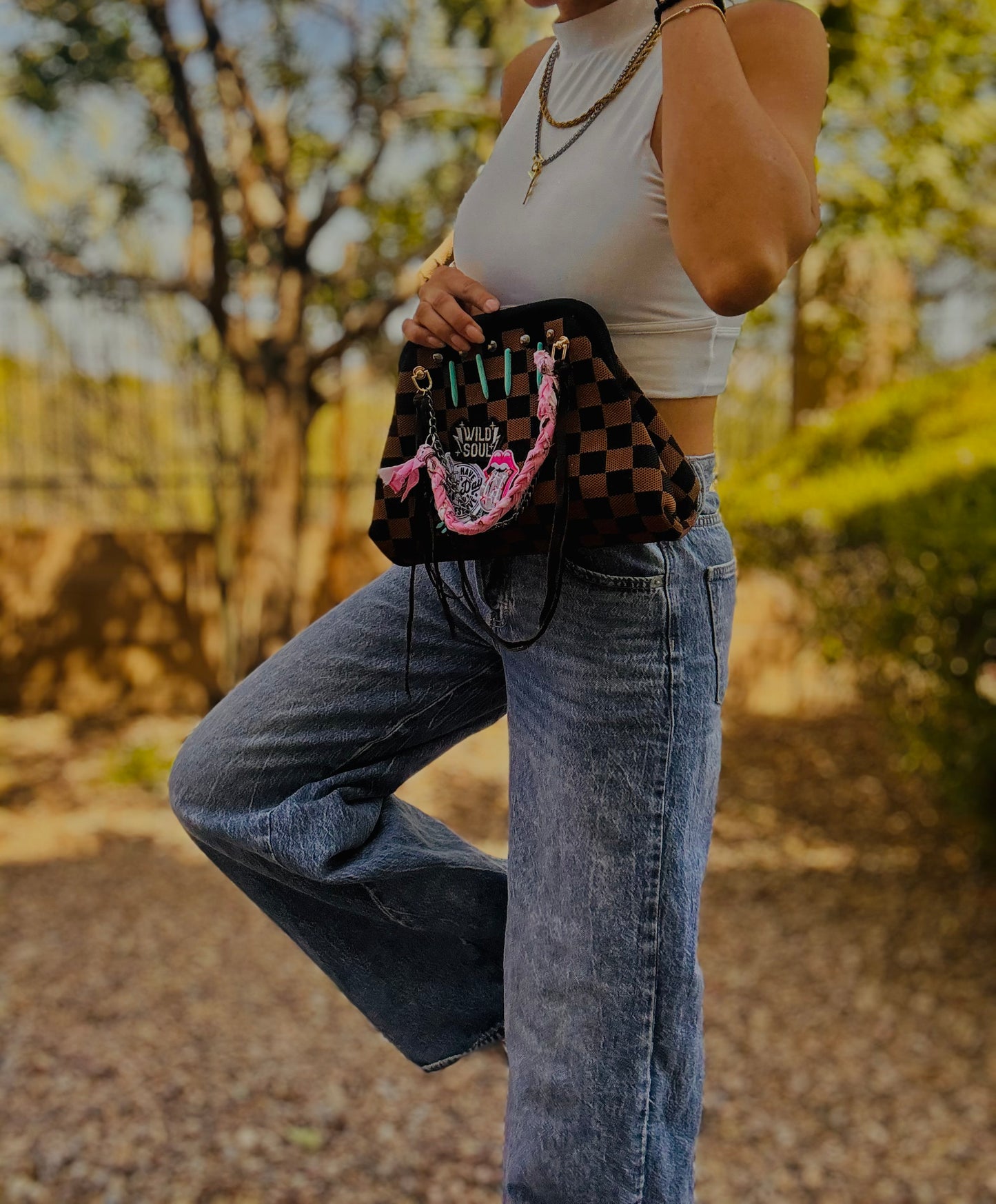 UM-DAY YOU DESERVE WILD SOUL  STITCHED TURQUOISE CHECKERED BLACK AND BROWN +** LIZZIE KISS CLUTCH￼**