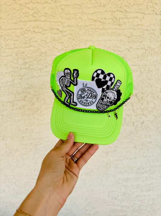 9- The day you deserve Skeleton neon green traditional Trucker