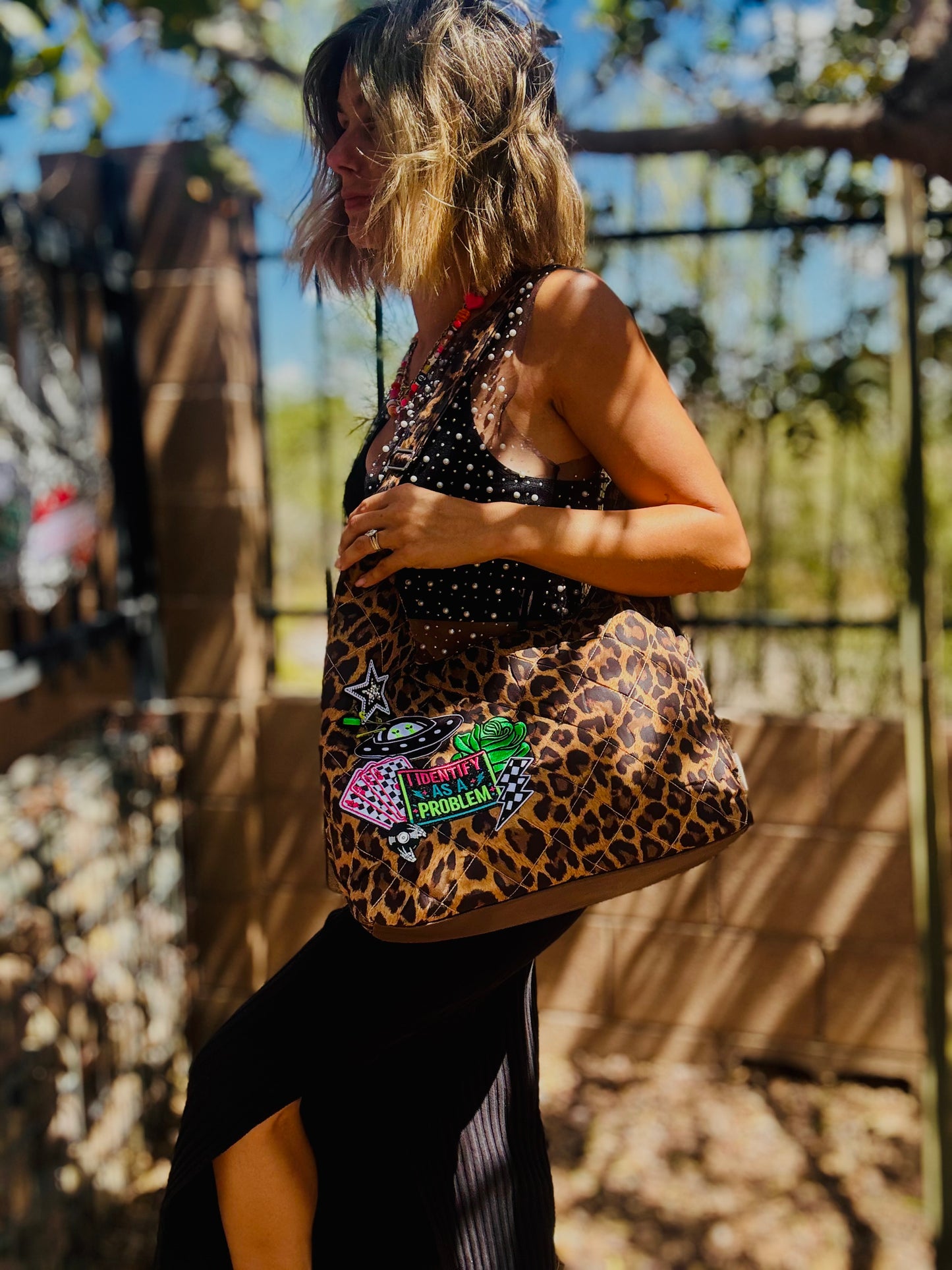 RTS-leopard aliens - Quilted puff nylon hobo adjustable tote strap