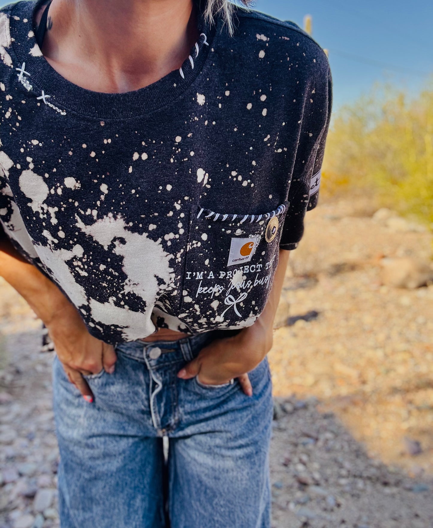 HD- I’m a project that keeps Jesus busy - RUST DISTRESSED POCKET SHIRT - MENS MEDIUM CUT