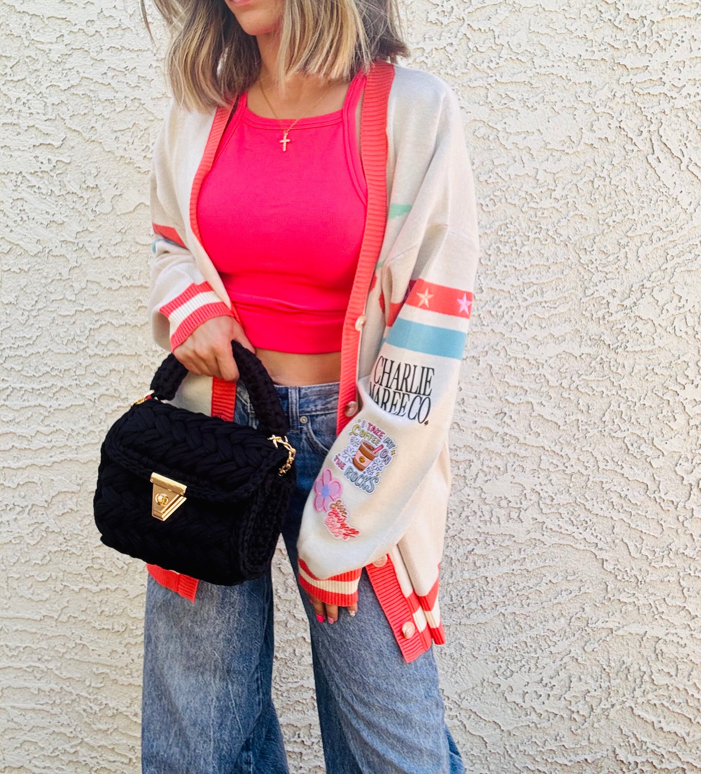 BBH-CHERRY BOMBER CARDIGAN + I take my coffee on the rocks give yourself grace +￼ CM CO. babes