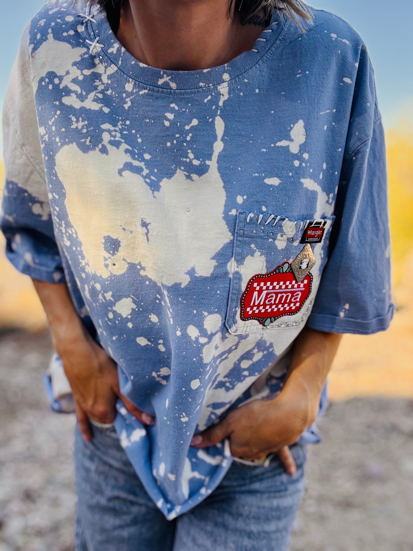 HD-mama blue DISTRESSED POCKET SHIRT - MENS 2XL CUT
