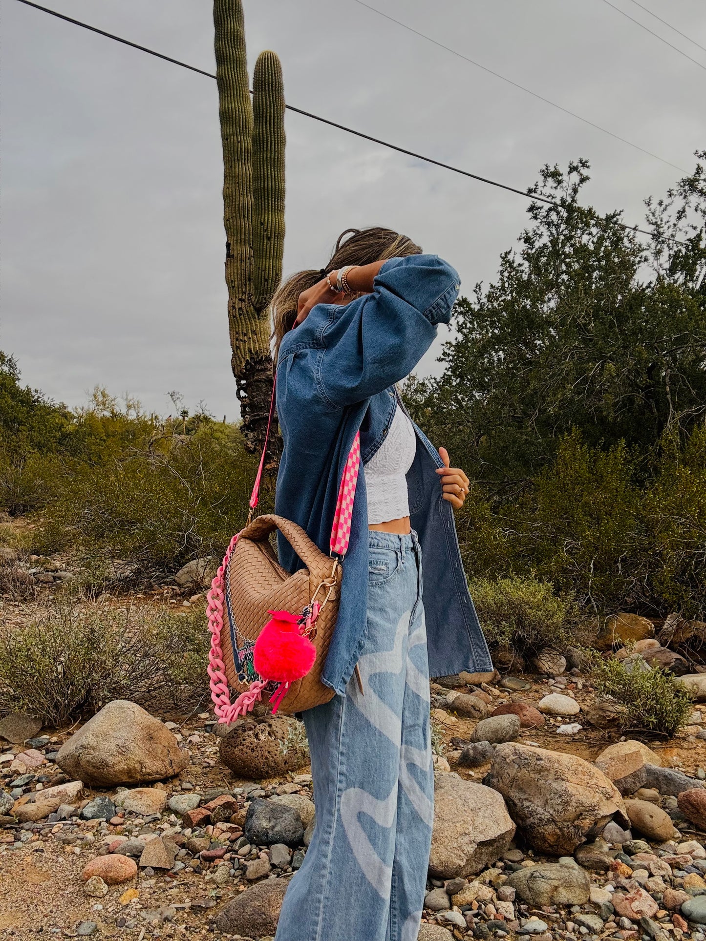 NY-take it easy Pink Bombshell+ denim snaffle bit and checkered *CHANDLER BAG**