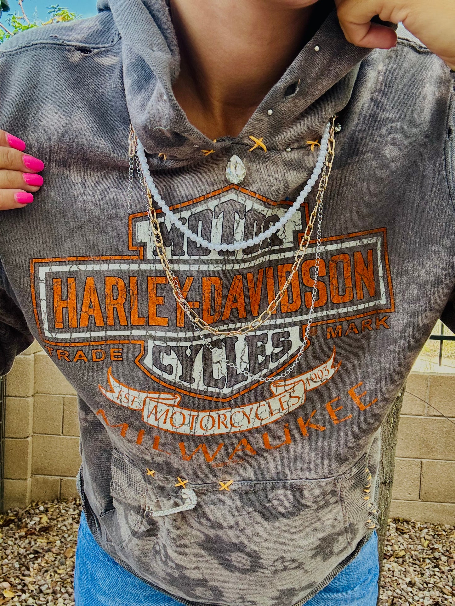 CD- NECKLACE HOODIE ORANGE AND GREY BIKE BABE  COLLAGE BABE  - lace vintage wash+ WOMENS unisex size SMALL- Cut off bottom band hem