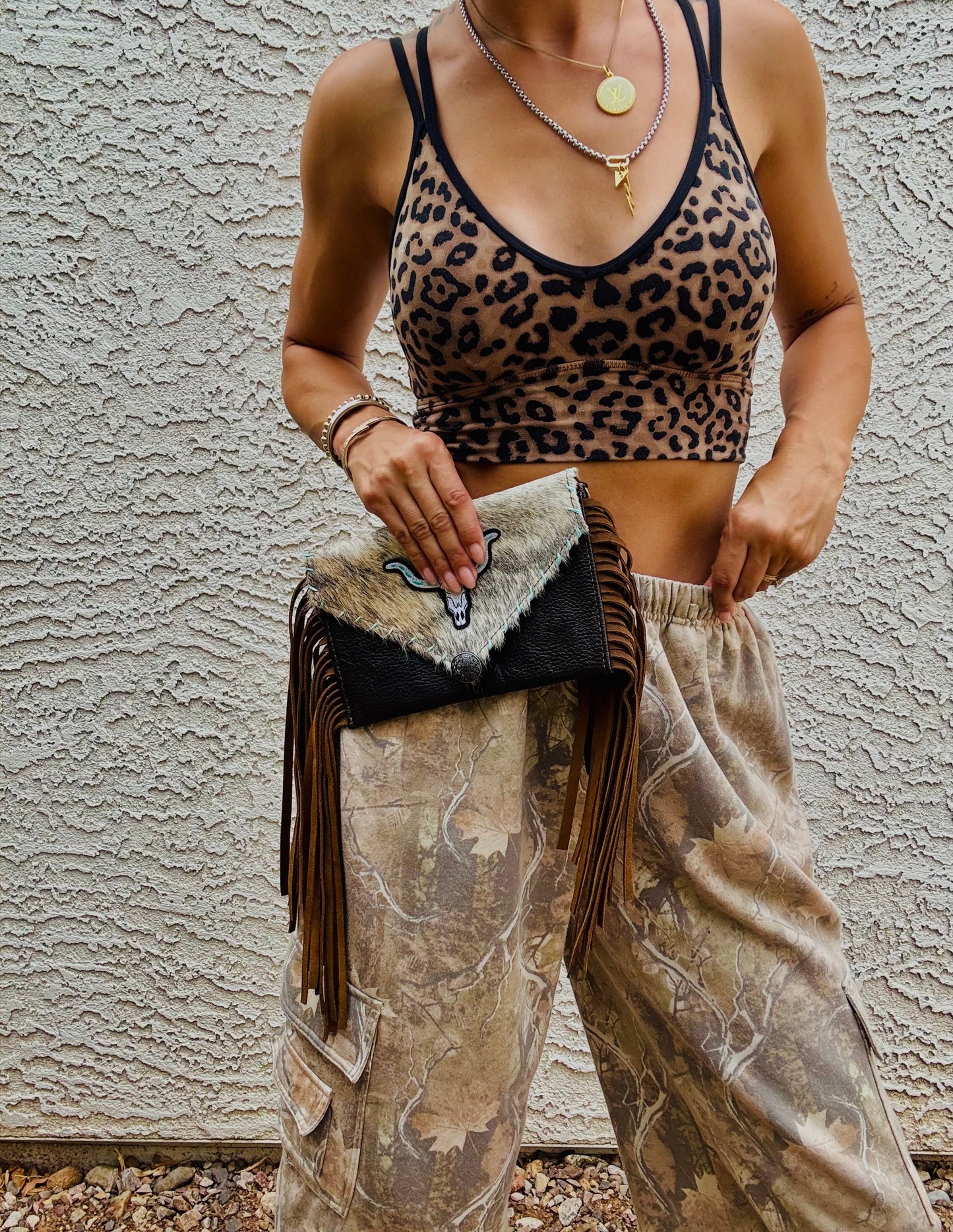 AUGBAG- GENUINE COWHIDE HAIR ON CLUTCH WRISTLET + FRINGE BAG- REAL AUTHENTIC WITH steer patchwork hand stitched teal sides and vintage button accent