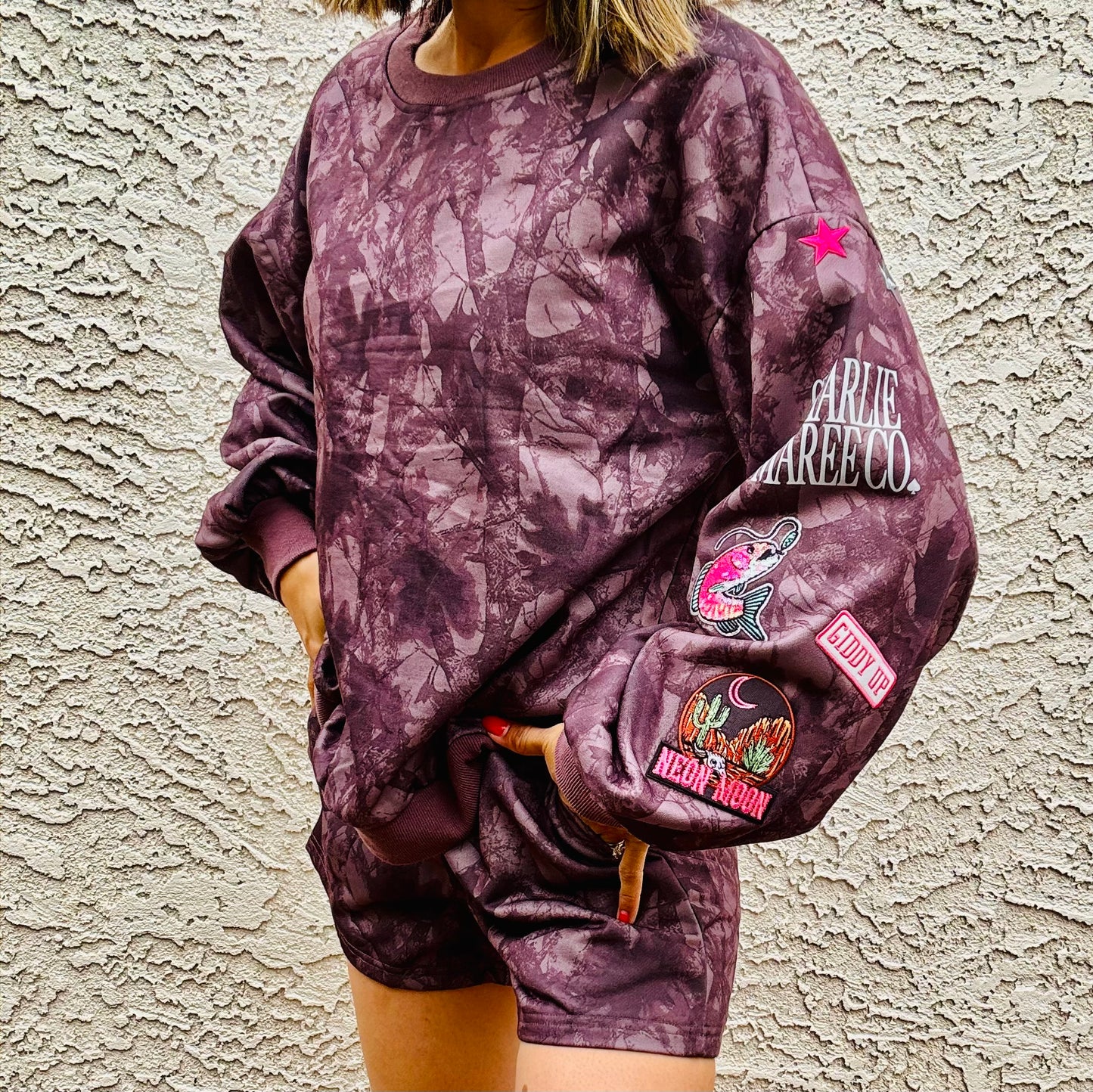 BBH-Camo Sweater & Short Set-neon moon pink babe