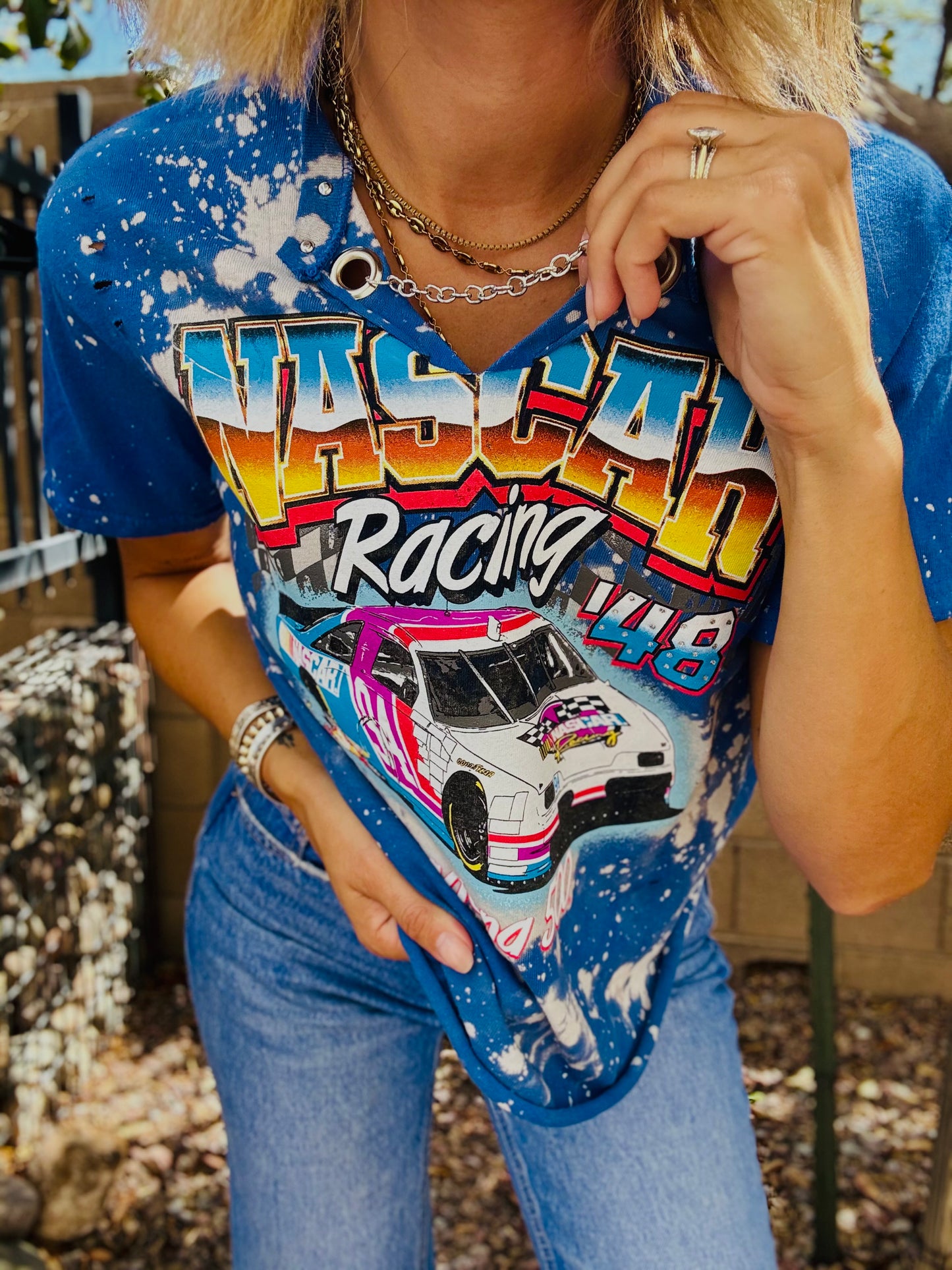 TEE- blue vintage race day  +DAD TEE small  cut off bottom chain collar