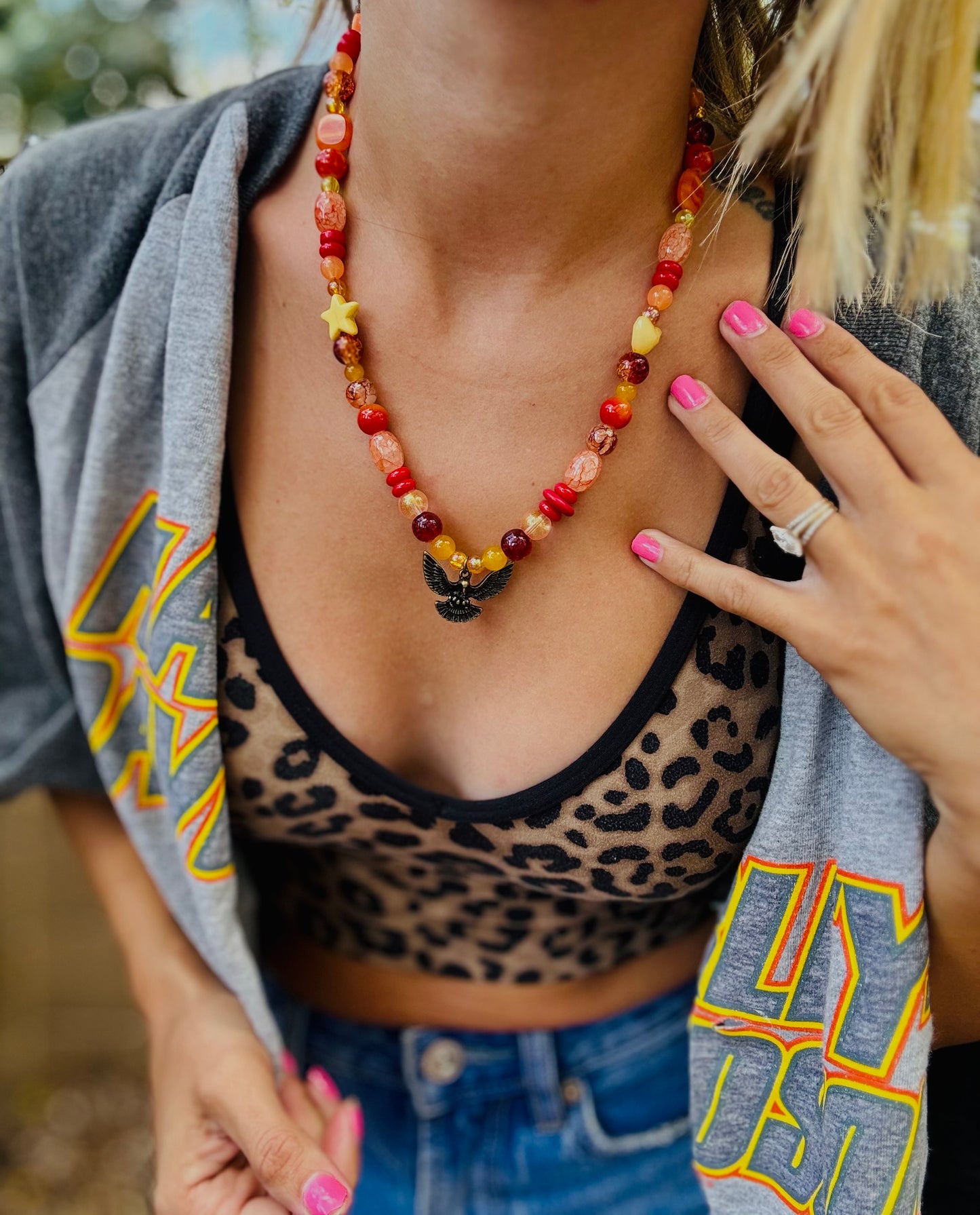NC-vintage eagle sunrise colors +Handmade chunky beaded necklace