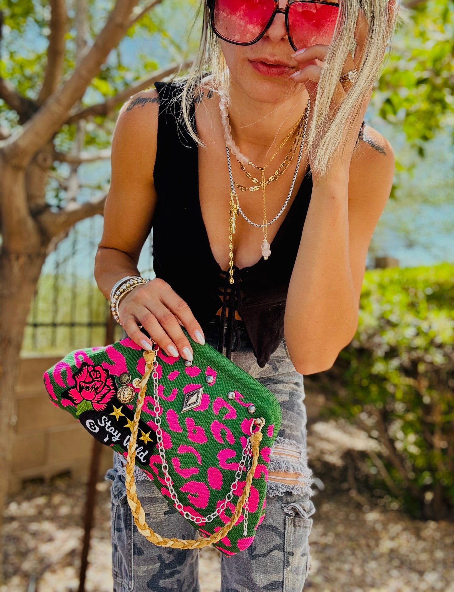 AA-SEXY TRACTOR PINK AND GREEN STRIPES+** LIZZIE KISS CLUTCH￼** (no loops inside)