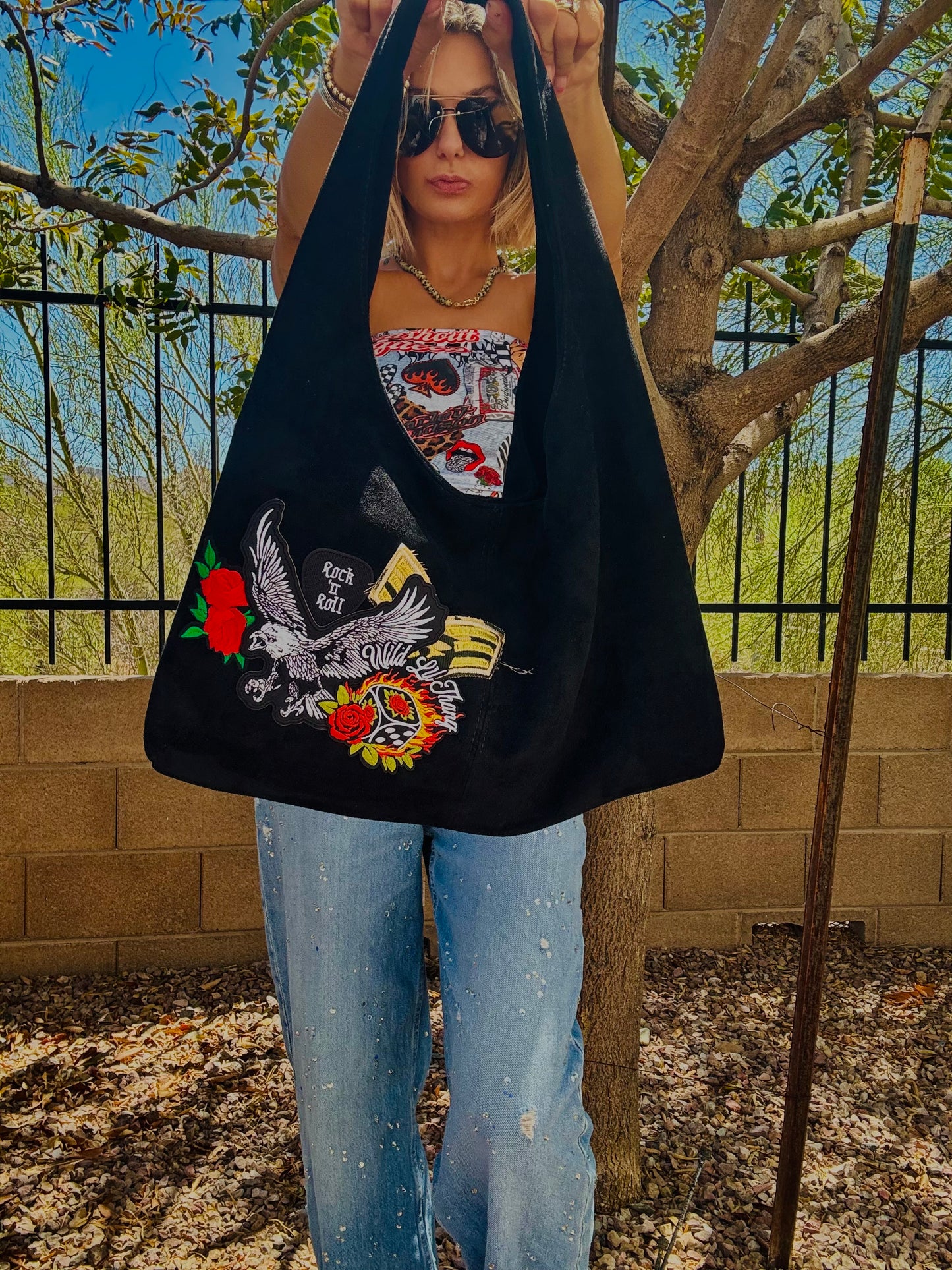 RTS-RED Wild thang eagle   - Light vegan suede structured hobo tote