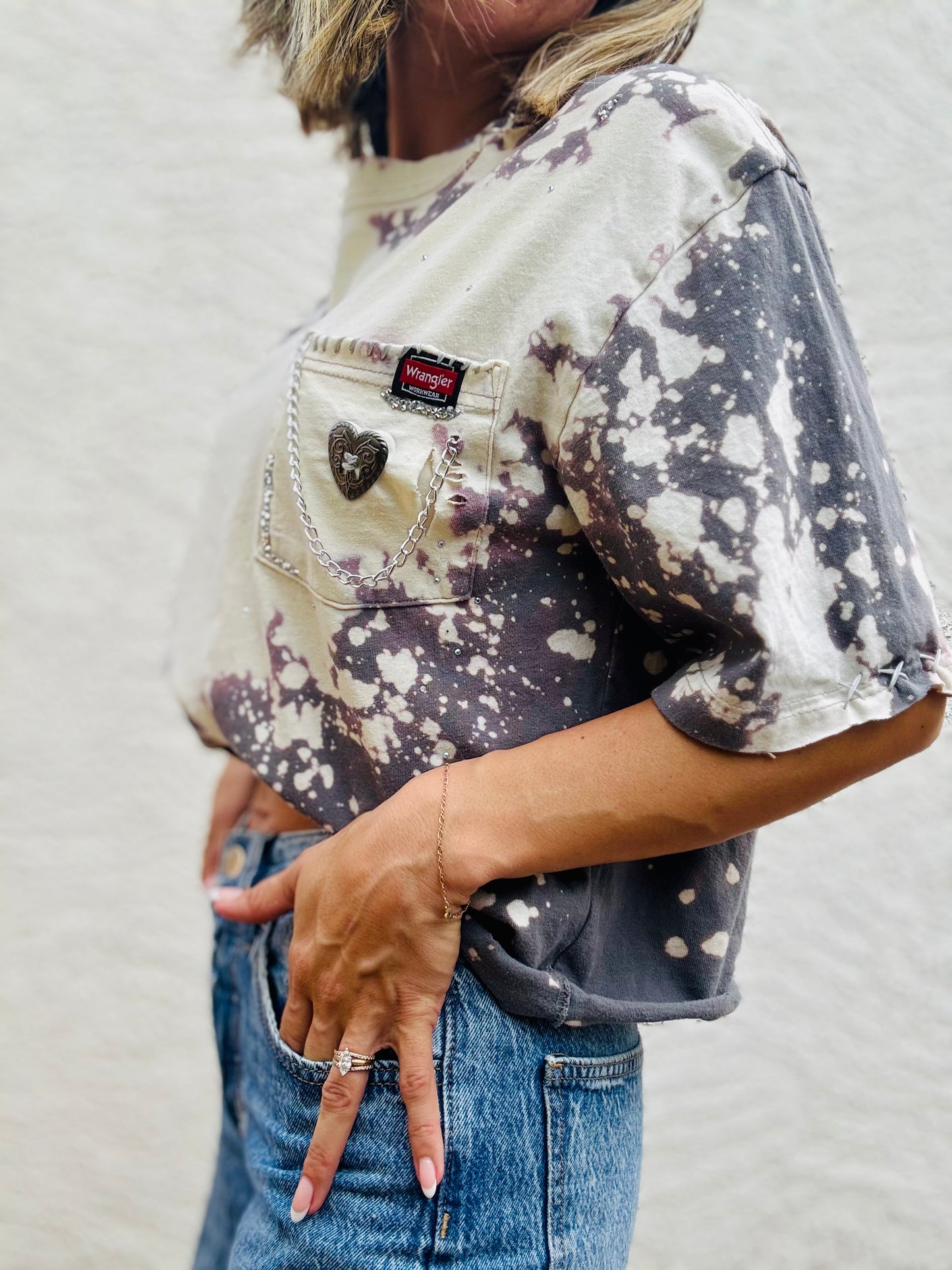 NUM-stitched wranglin concho+ grey with hues of pink+purple Tshirt MEDIUM