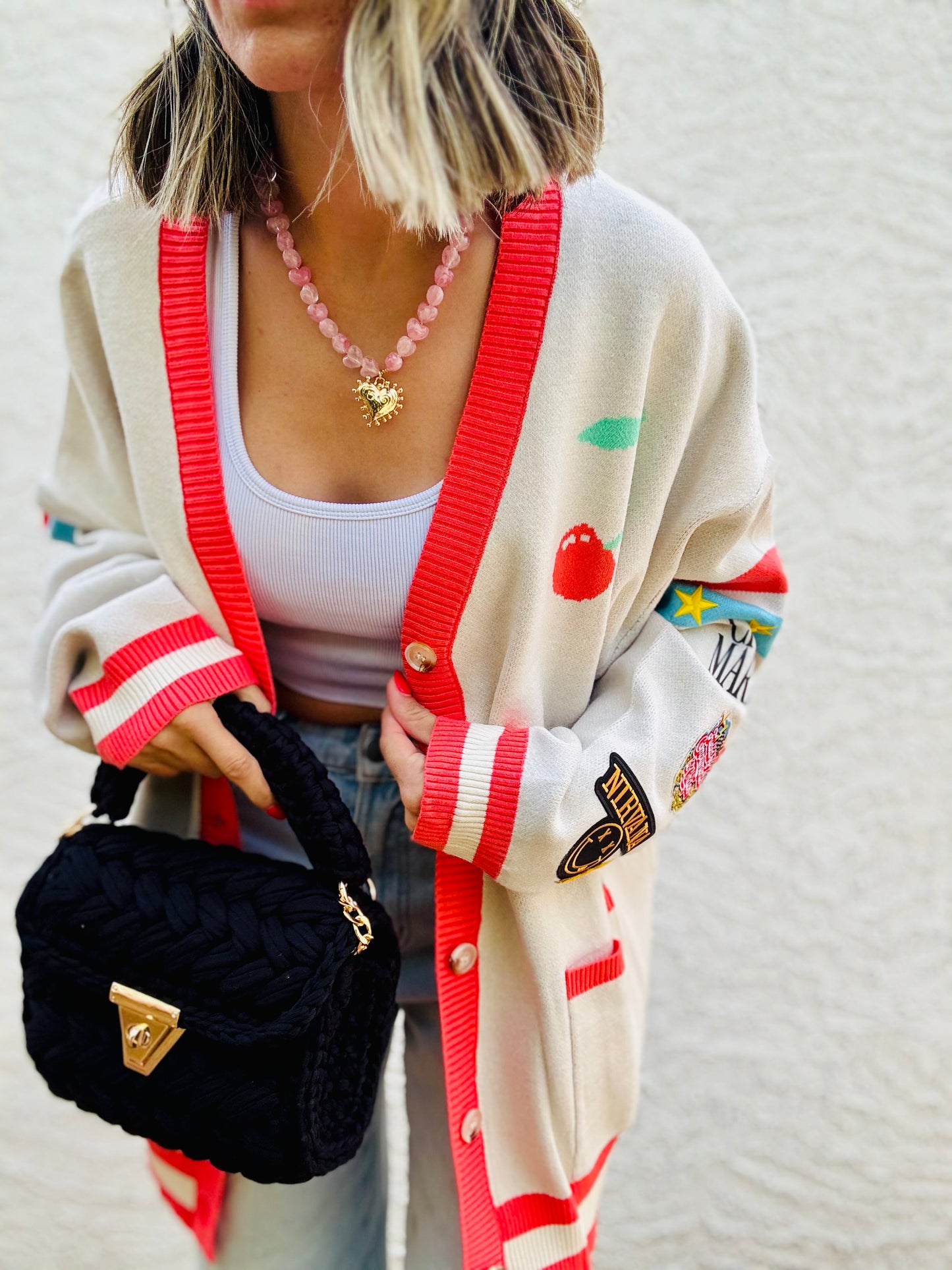 BBH-CHERRY BOMBER CARDIGAN + fueled by compliments and chaos band, babe CM CO. babes