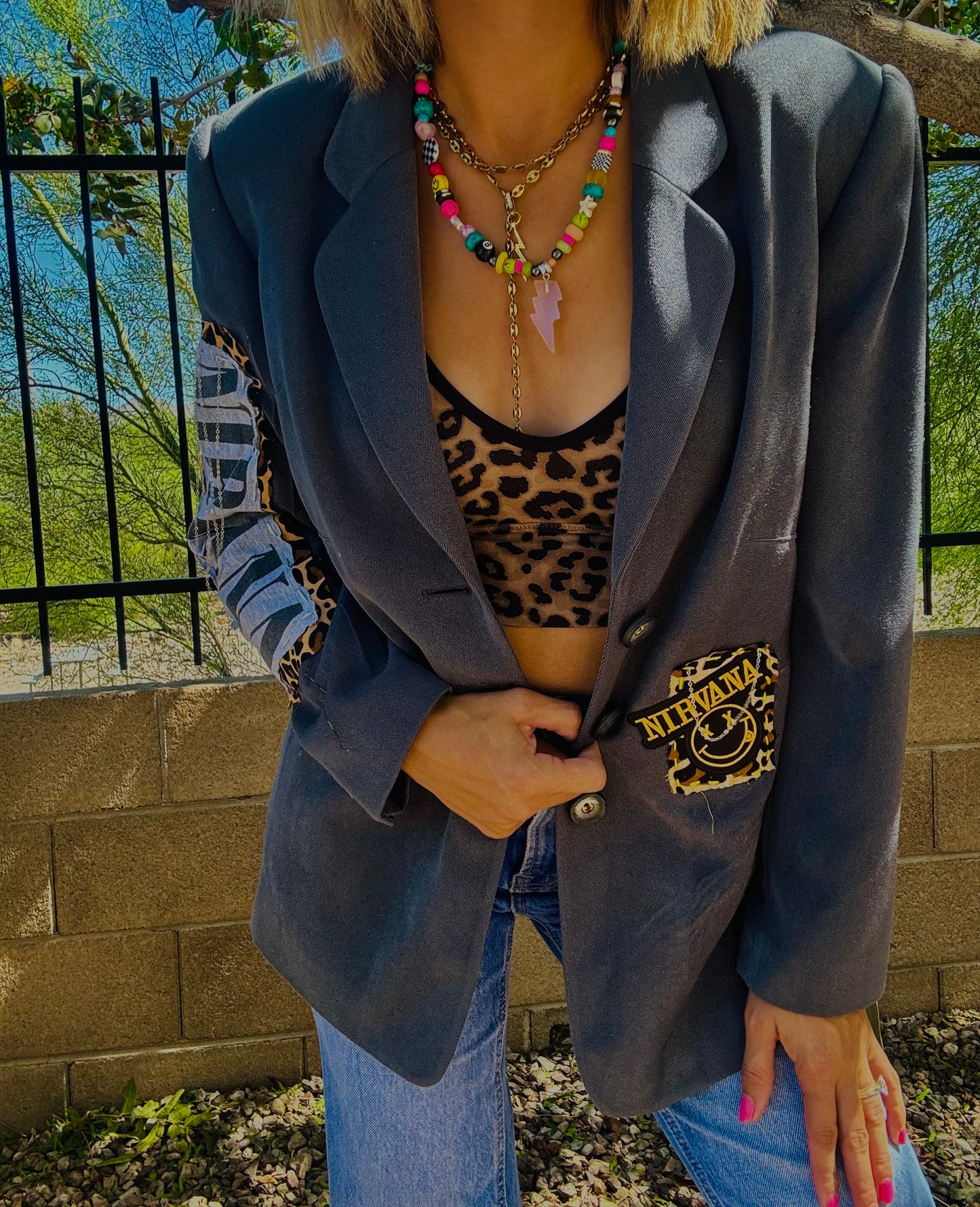 CD-grey and leopard retro blazer - Size 11 women’s fit blazer - size 11 converted is approx Med/Lg