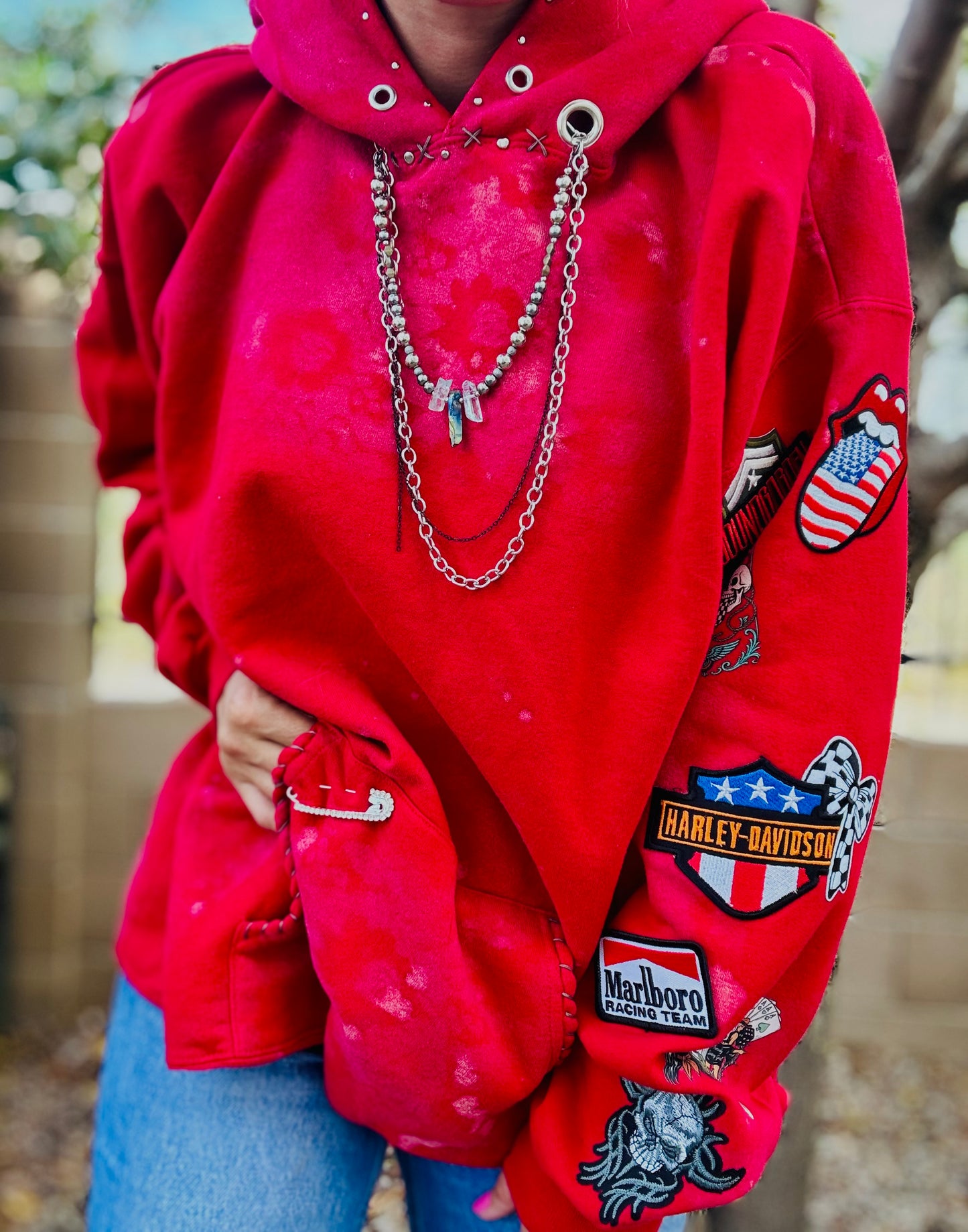 CD- NECKLACE Hoodie red patched arm  - lace vintage wash+ Men’s unisex sizeXL- Cut off bottom band hem