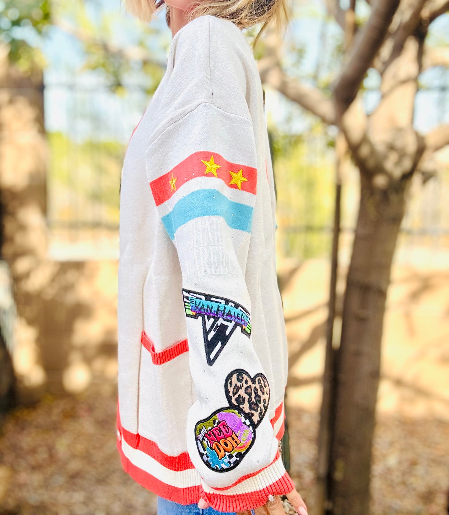 NC-CHERRY BOMBER CARDIGAN + retro band babe +MEDIUM