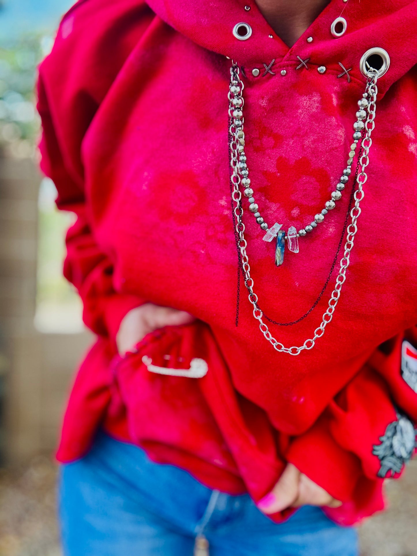 CD- NECKLACE Hoodie red patched arm  - lace vintage wash+ Men’s unisex sizeXL- Cut off bottom band hem