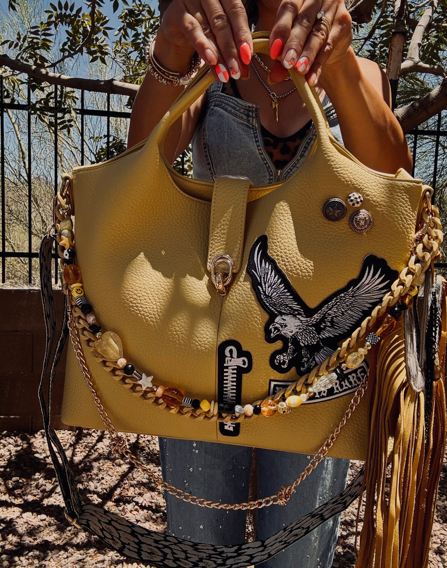 RG- GOLDEN SUN REAL IS RARE EAGLE - HANDMADE BEAX CHAIN + HANDMADE GENUINE COWHIDE BAG CHARM+ TUCSON ￼** multi straps