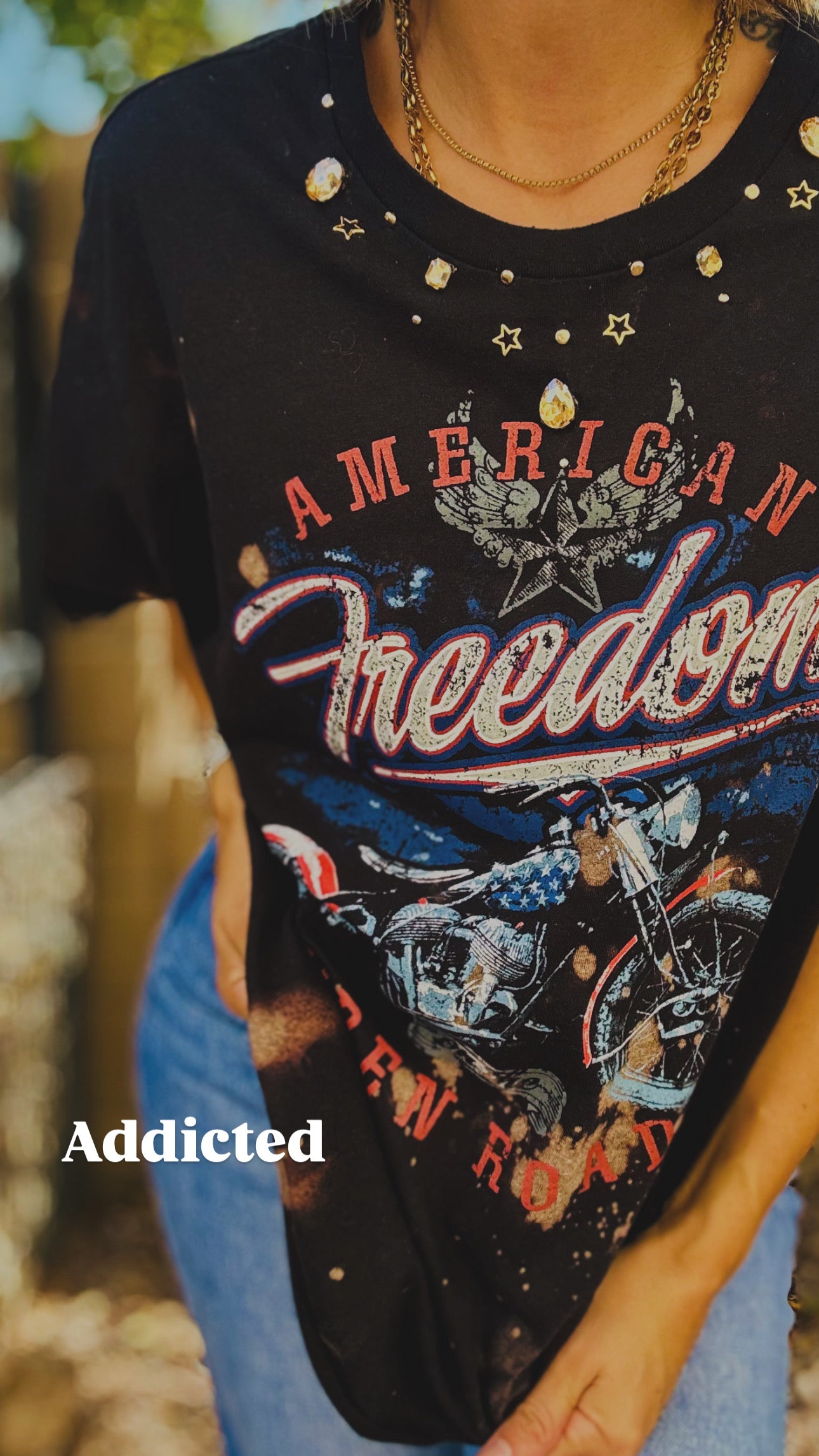 TEE-AMERICAN BIKE  BEADED COLLAR VINTAGE GREY +DAD TEE XL  cut off bottom