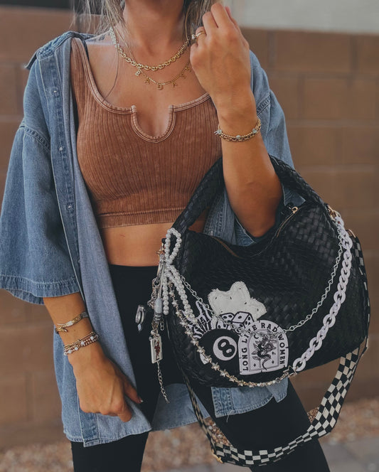 FC-long live rad women+white denim star+ upgraded checkered guitar strap  +black  bag   *CHANDLER BAG**