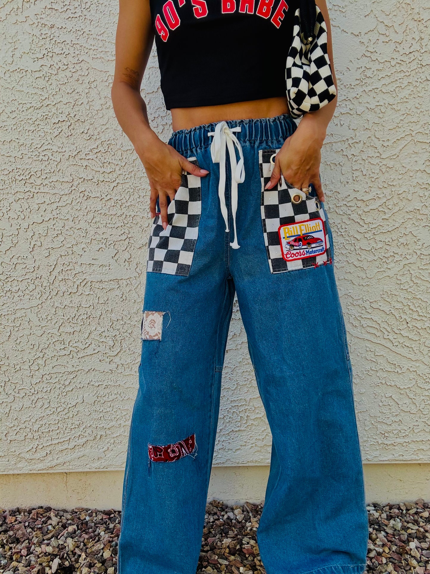 AUG- VINTAGE RACE LACE AND BANDANA REWORK WIDE LEG LIGHT DENIM- SIZE MEDIUM ELASTIC WAIST BAND AND DRAW STRING
