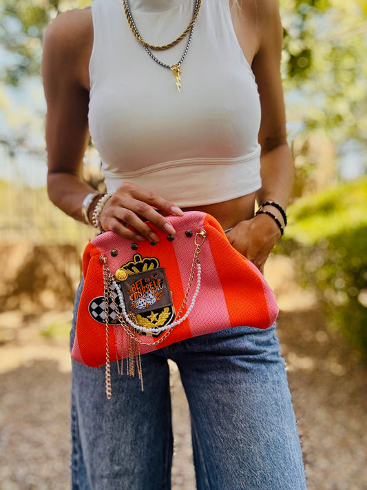 UM- BET ON YOURSELF PINK AND ORANGE STRIPES +** LIZZIE KISS CLUTCH￼**