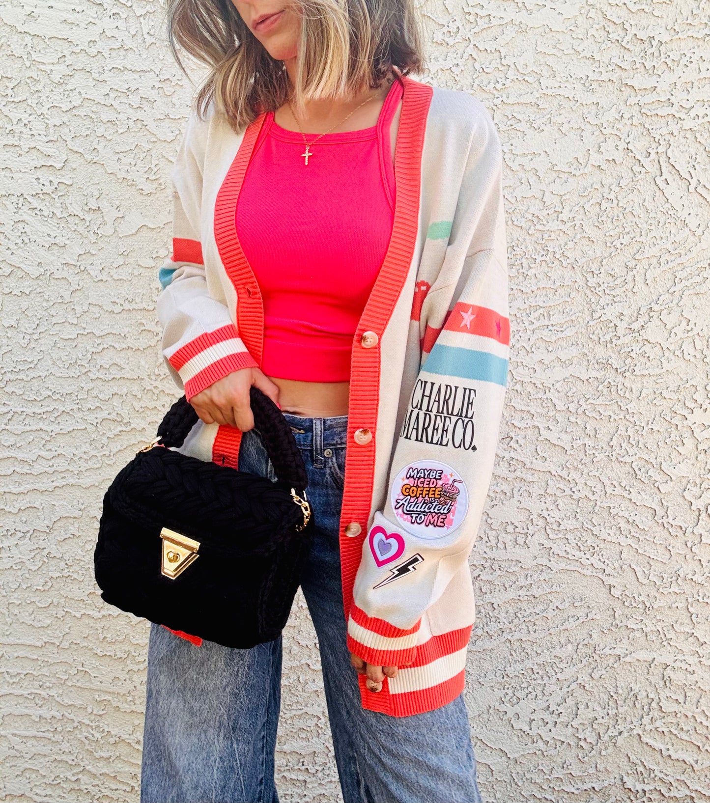BBH-CHERRY BOMBER CARDIGAN + maybe iced coffee is addicted to me +￼ CM CO. babes