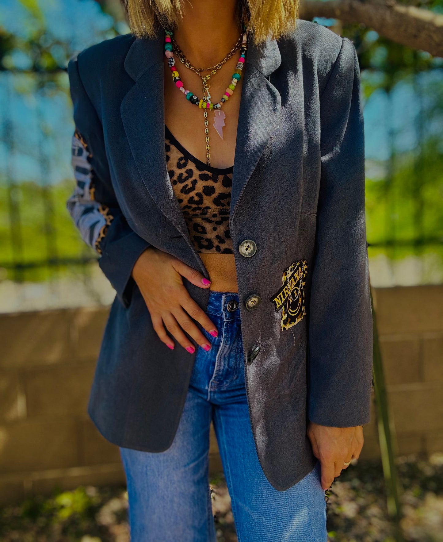 CD-grey and leopard retro blazer - Size 11 women’s fit blazer - size 11 converted is approx Med/Lg