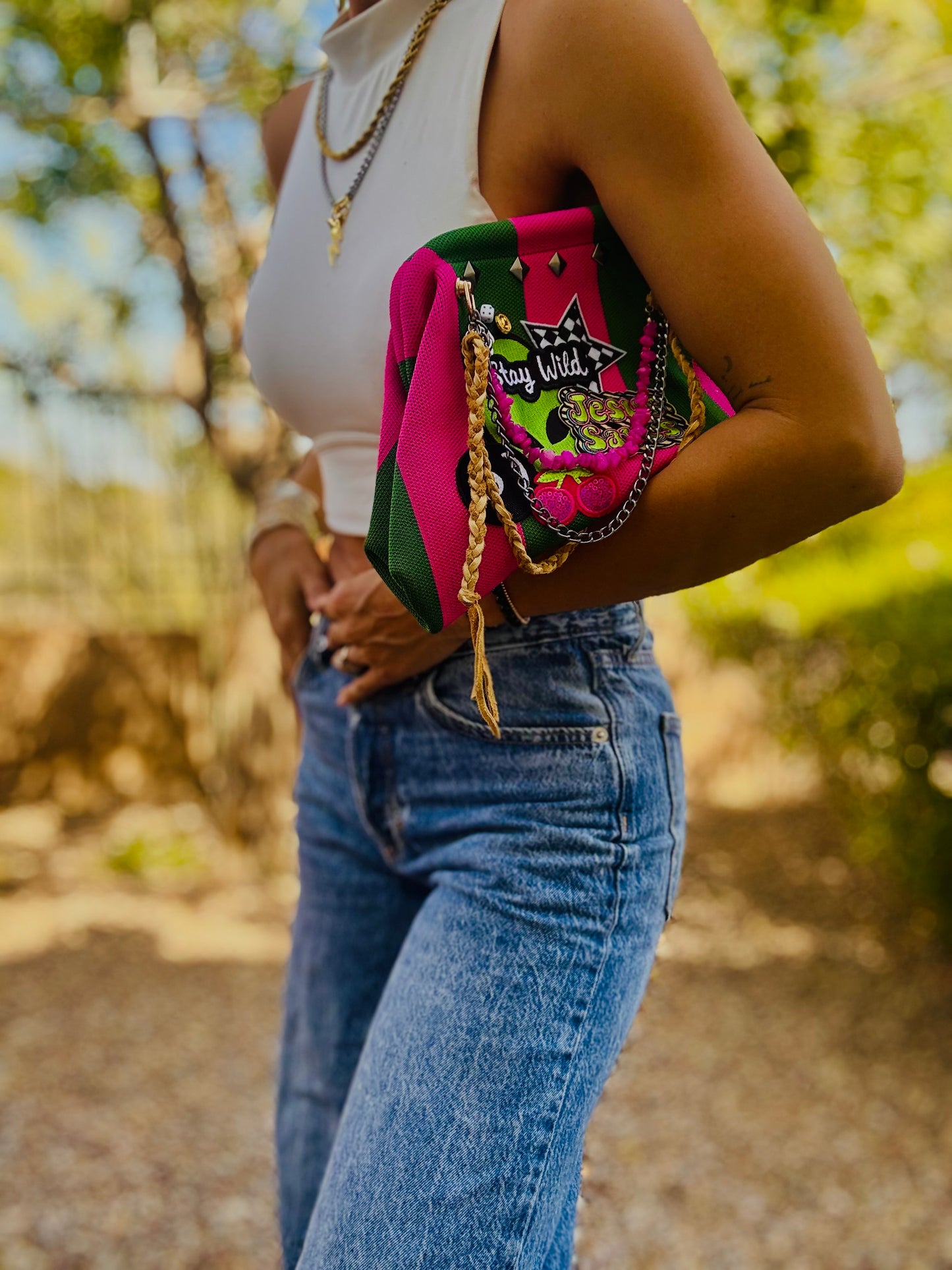 UM-STAY WILD NEON JESUS SAVES PINK AND GREEN STRIPES +** LIZZIE KISS CLUTCH￼**