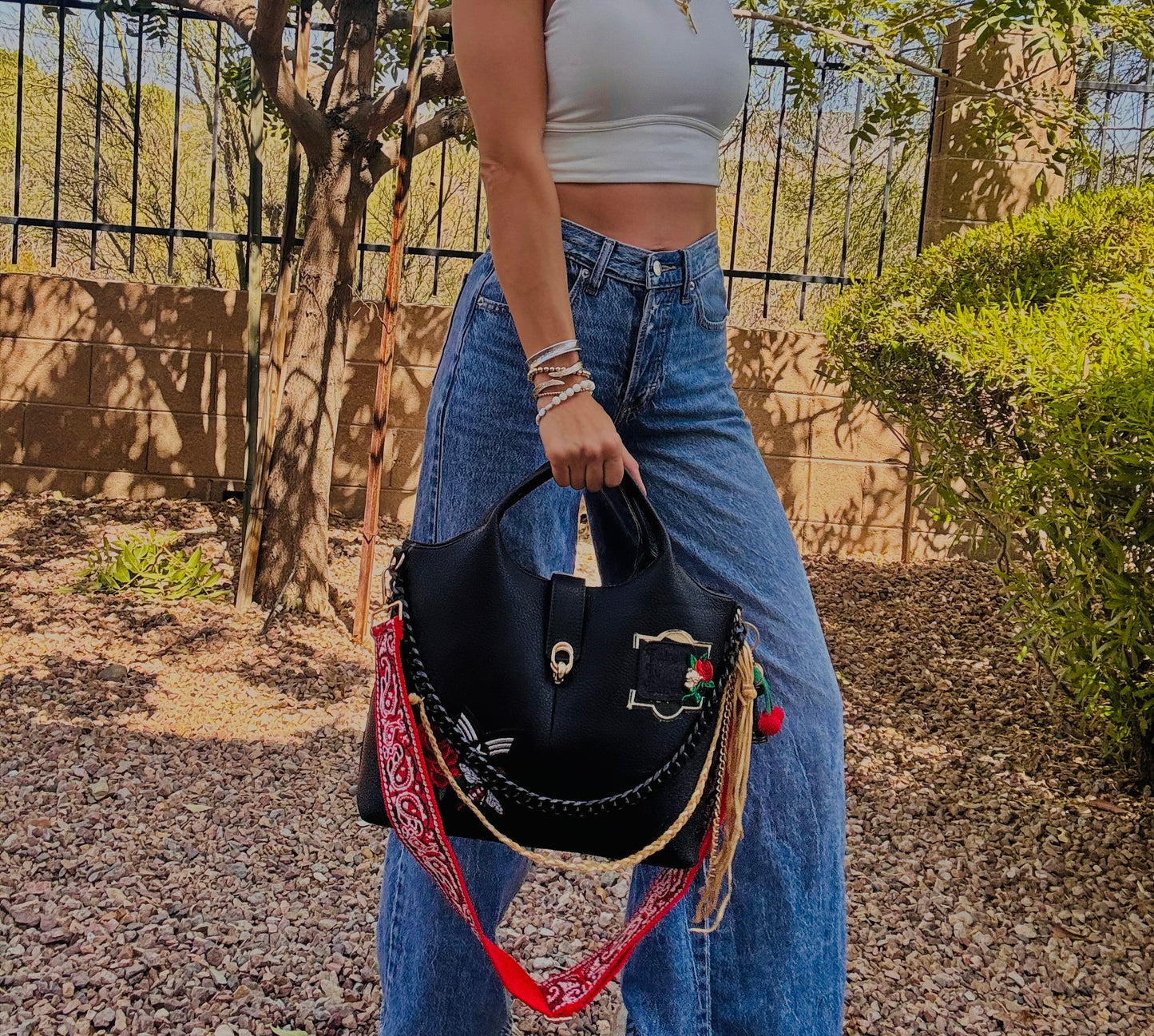 UM -TAKE IT EASY VINTAGE RED BANDANA  STRAP elk hide accents +** TUCSON ￼** multi straps