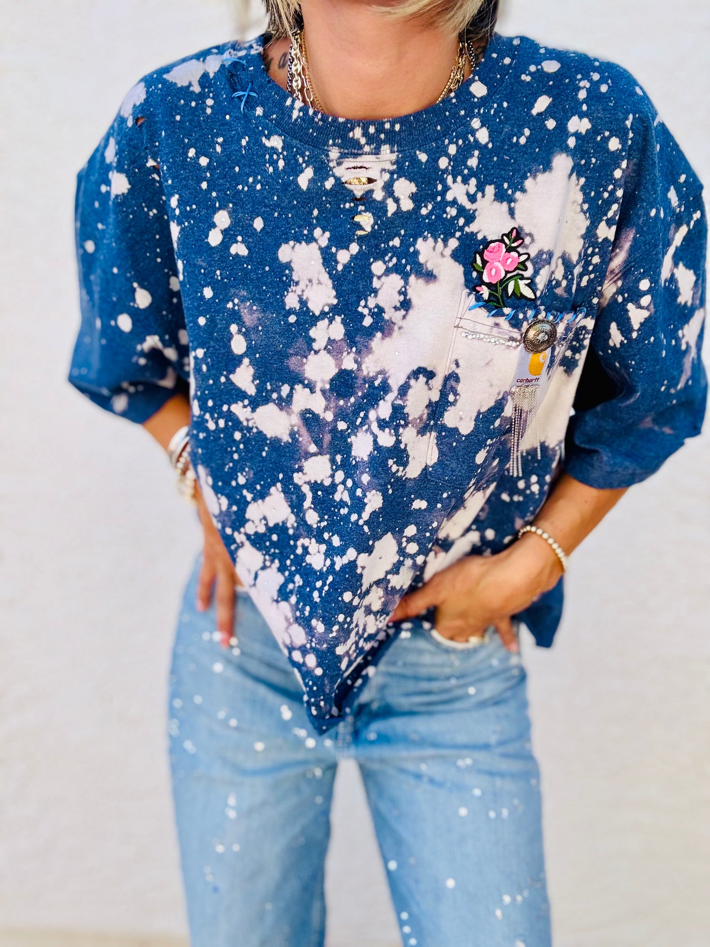 HD- blue and pink rose DISTRESSED POCKET SHIRT - MENS LARGE