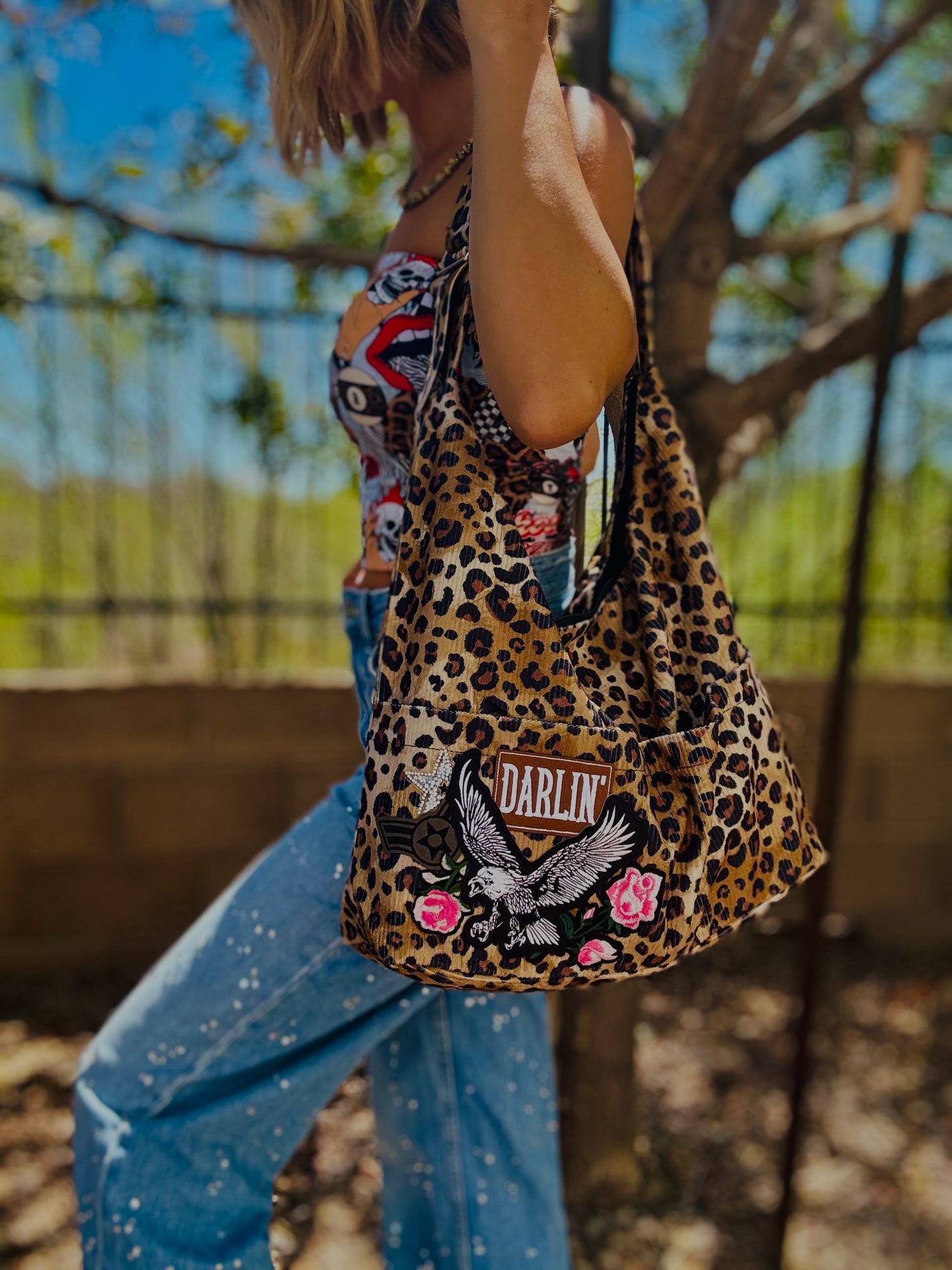 RTS-PINK darlin eagle - Light corduroy hobo tote strap buckle pocket fronts