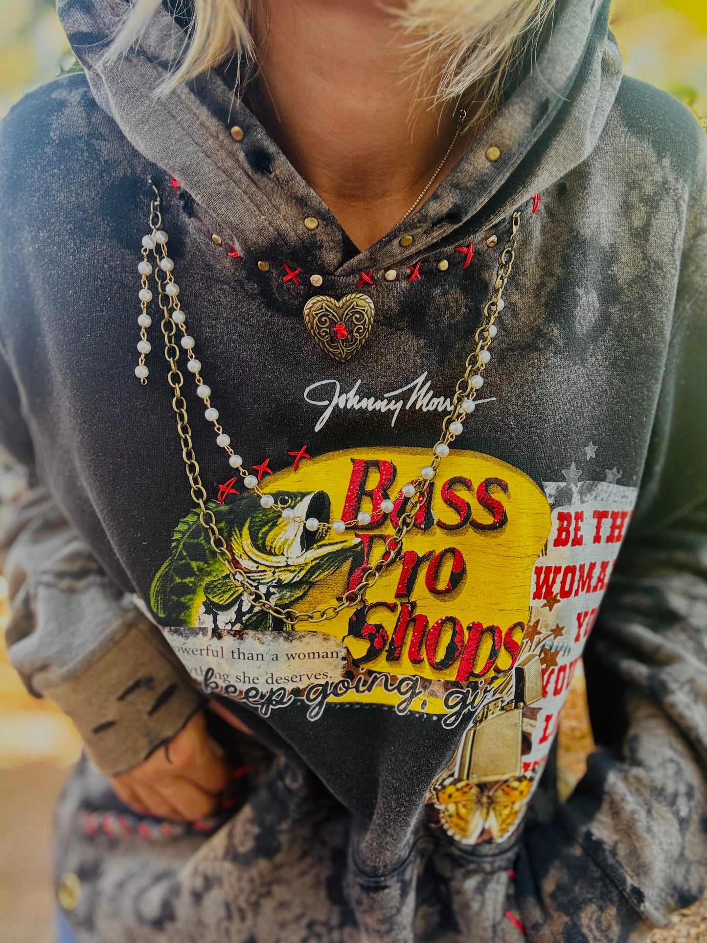 CD- NECKLACE HOODIE Edgy band babe - lace vintage wash+ Men’s unisex size XS runs big like a S/M     - Cut off bottom band hem