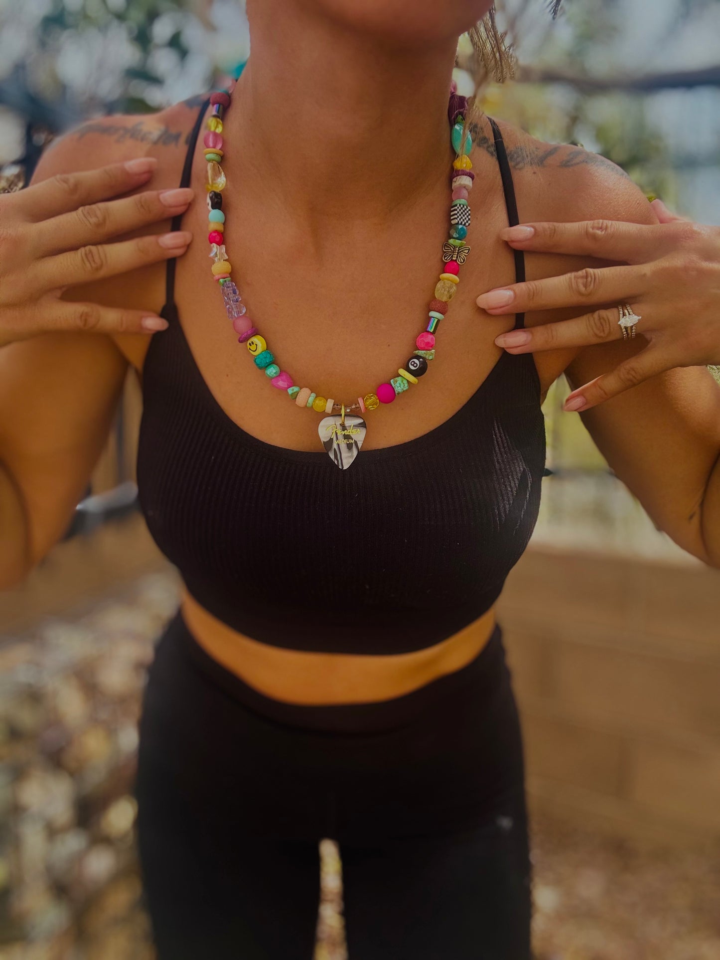 NC-guitar pick zebra whimsical +Handmade chunky beaded necklace