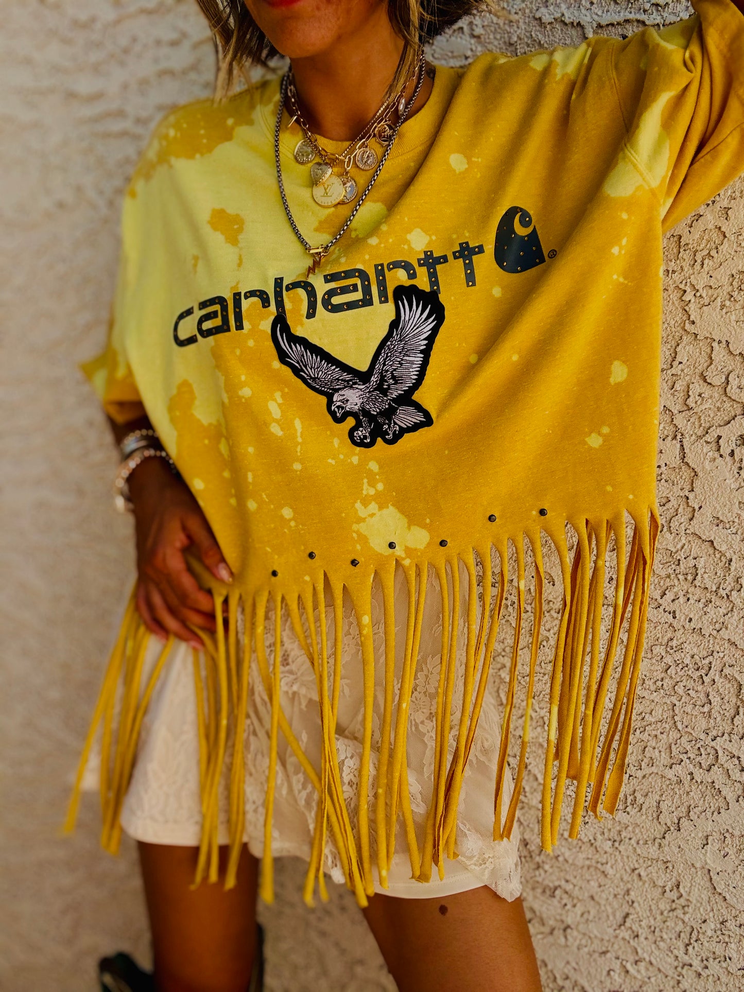 TEE-sunshine blue collar baddie  - DAD TEE MENS LARGE handmade fringe