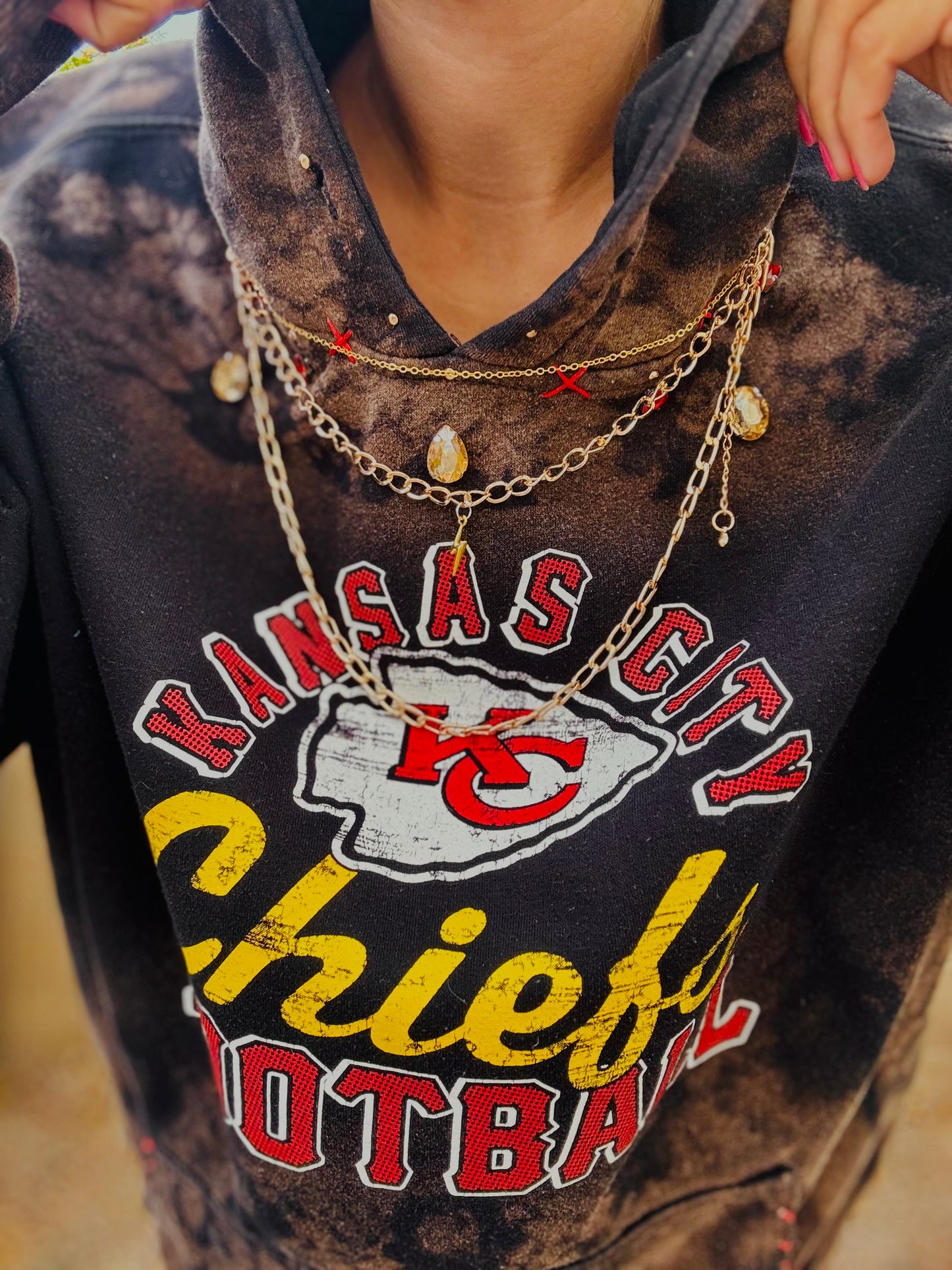 CD- NECKLACE HOODIE RED AND GOLD FOOTBALL BABE  - lace vintage wash+ Men’s unisex size MEDIUM- Cut off bottom band hem