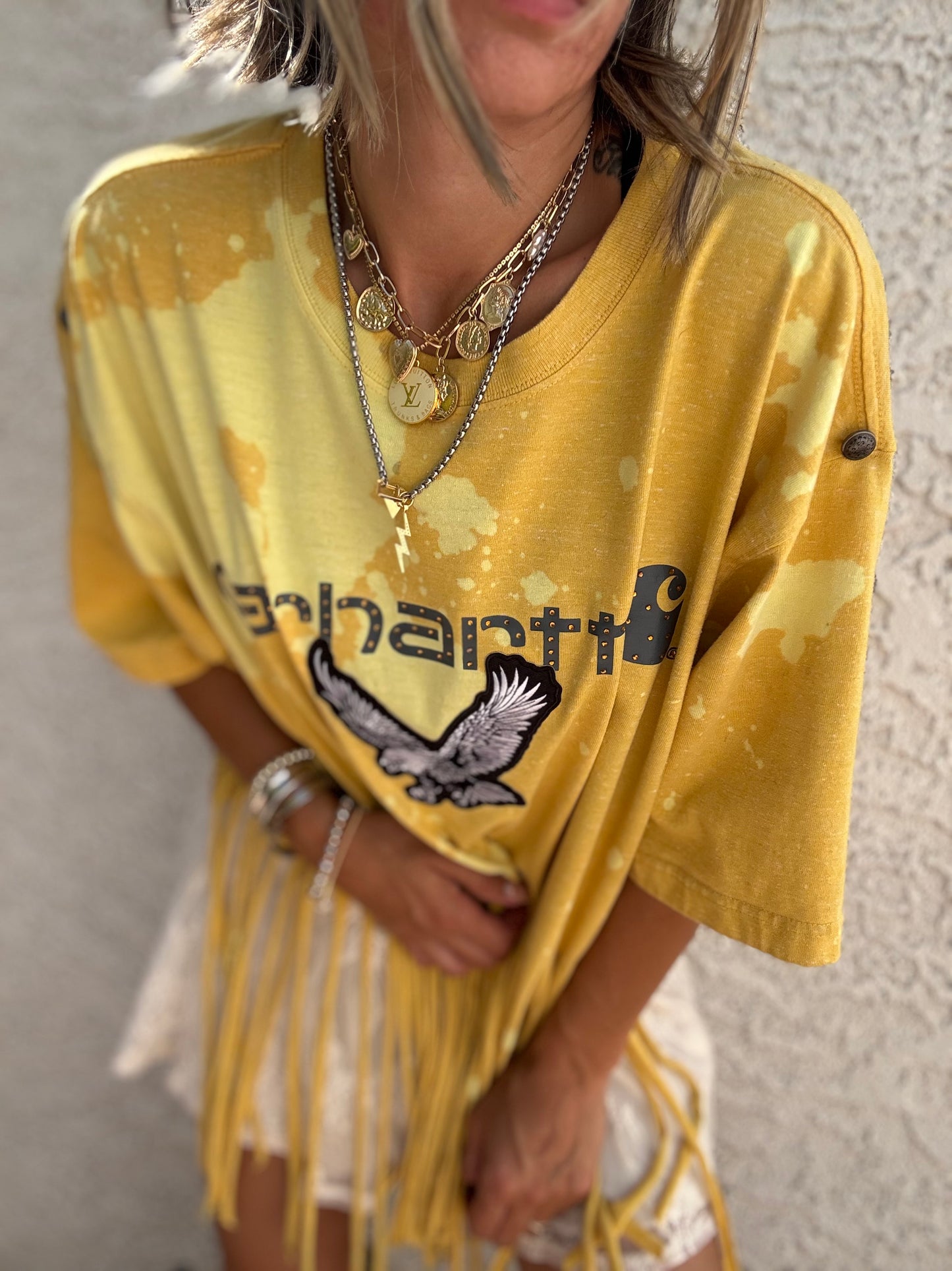 TEE-sunshine blue collar baddie  - DAD TEE MENS LARGE handmade fringe
