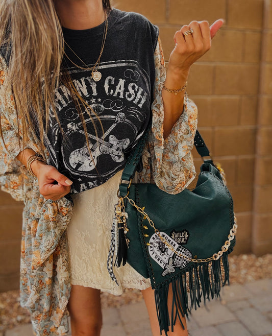 OO-RAD WOMEN WILD SOUL- EMERALD FRINGE crossbody strap included