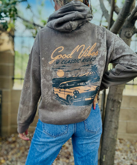 CD- NECKLACE Hoodie good VIBES VINTAGE CAR - lace vintage wash+ Men’s unisex size SMALL FITS SMALL MED with the Cut off bottom band hem