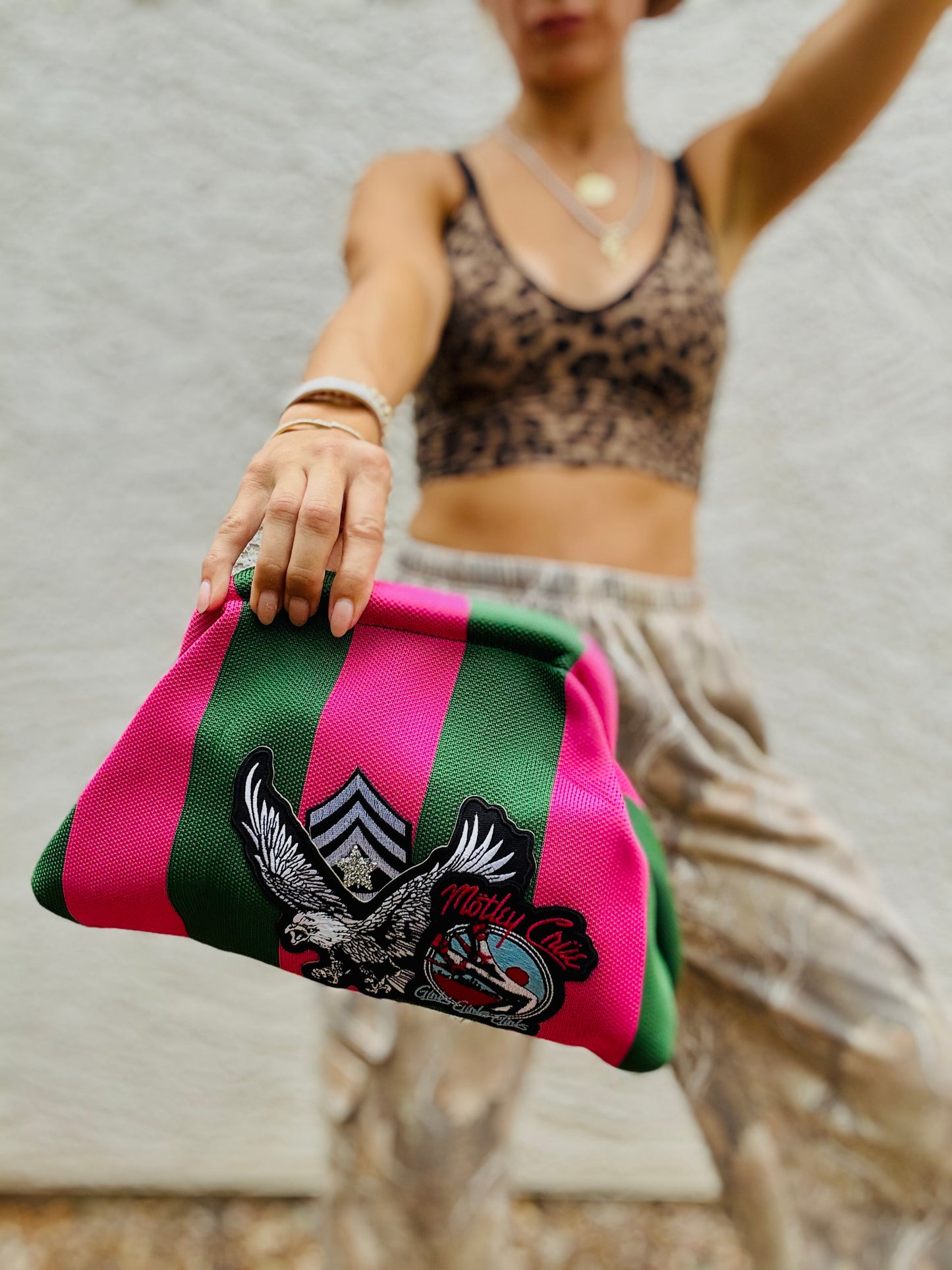 AUGBAG-PINK AND GREEN EAGLE BAND BADDIE+ LIZZIE CLUTCH - has loops inside to add a strap kiss snap closure