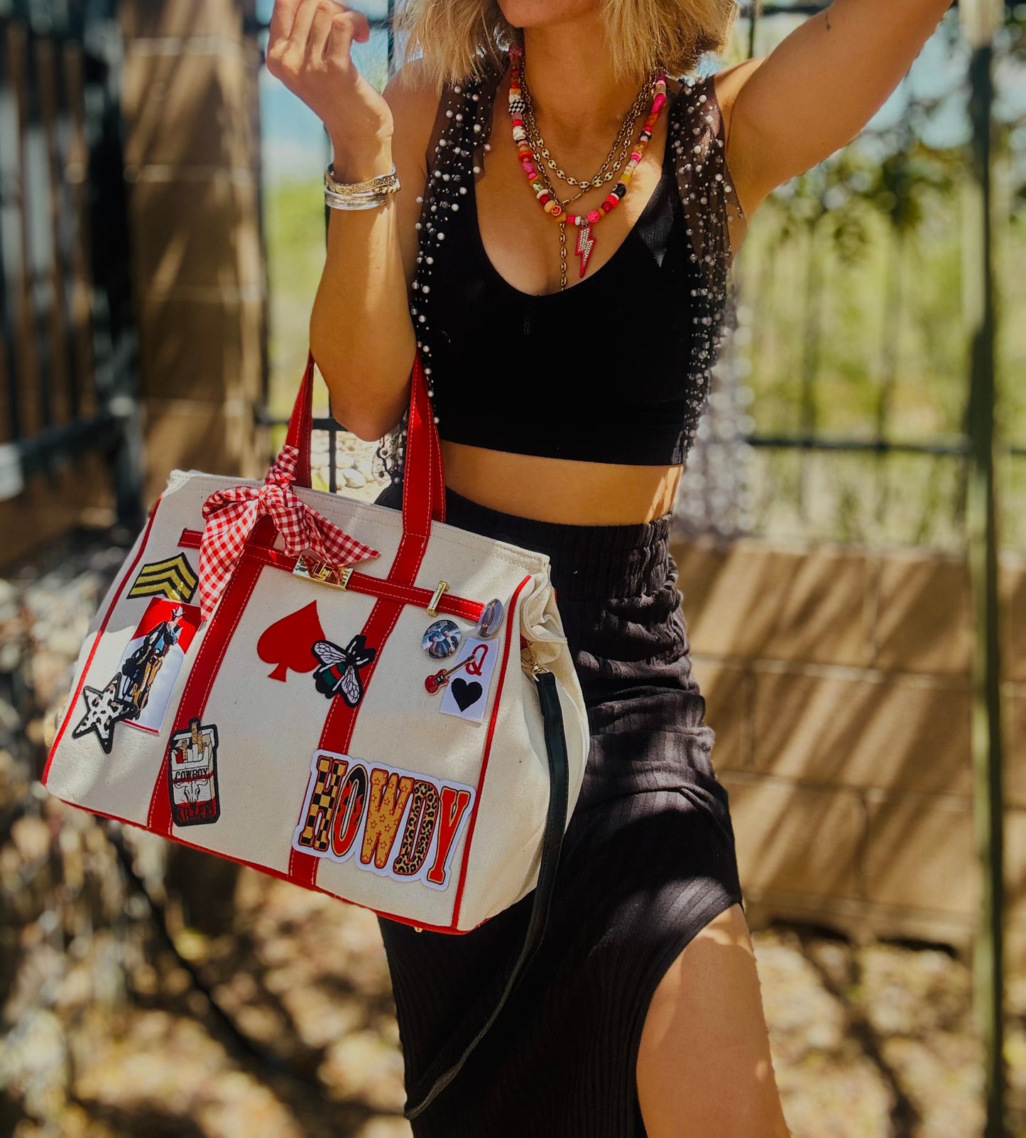 RTS-retro red cowboy  -Carry all  TOTE canvas- with satin lining interior