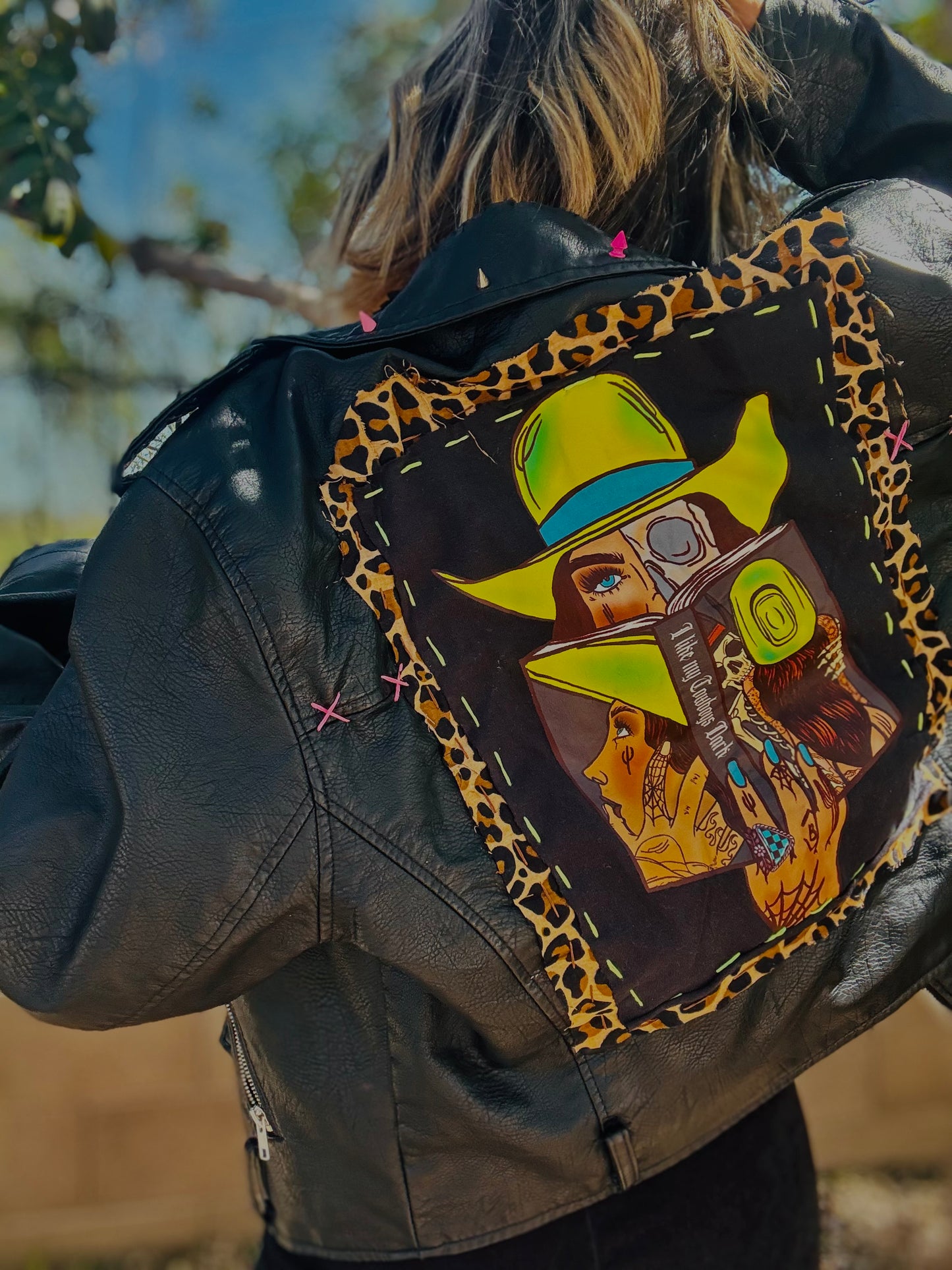 CD-neon book baddie  - Size MEDIUM loose crop leather jacket