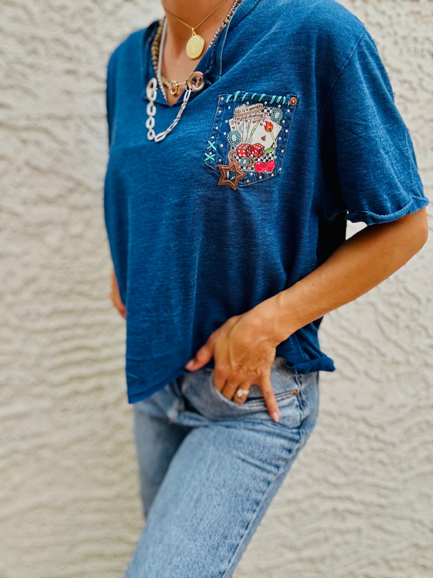 TEE-denim blue life’s a gamble HUSBAND POCKET SHIRT - XL FITS LIKE LARGE