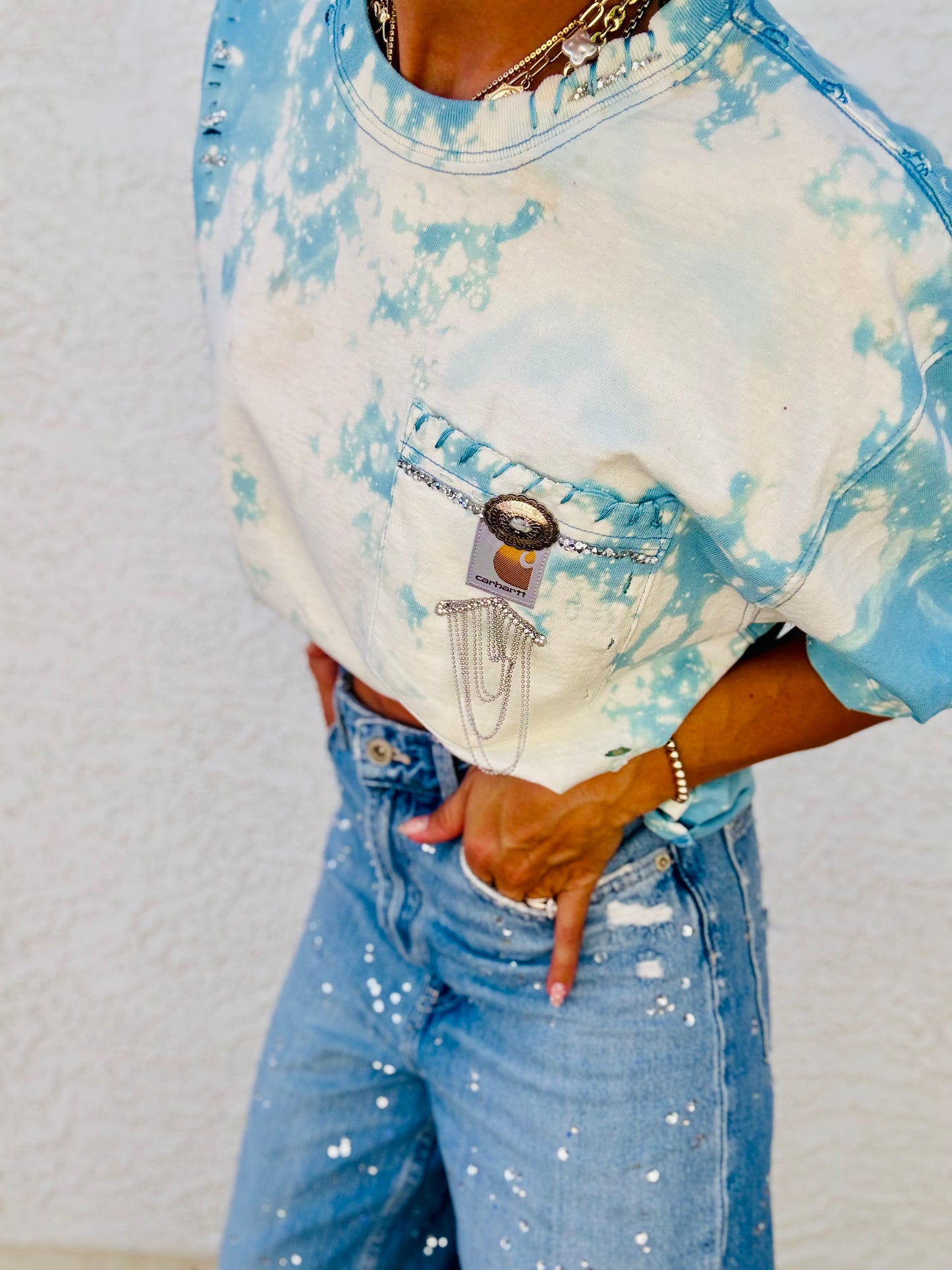 HD-sky blue silver DISTRESSED POCKET SHIRT - MENS MEDIUM