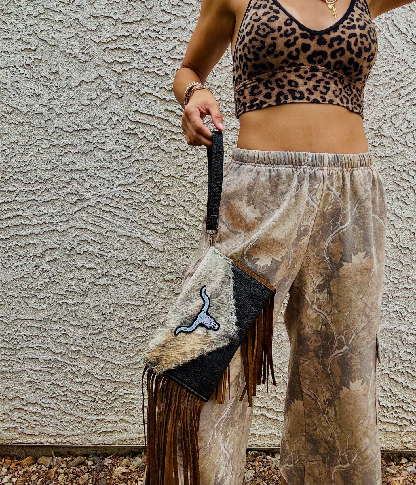 AUGBAG- GENUINE COWHIDE HAIR ON CLUTCH WRISTLET + FRINGE BAG- REAL AUTHENTIC WITH steer patchwork hand stitched teal sides and vintage button accent