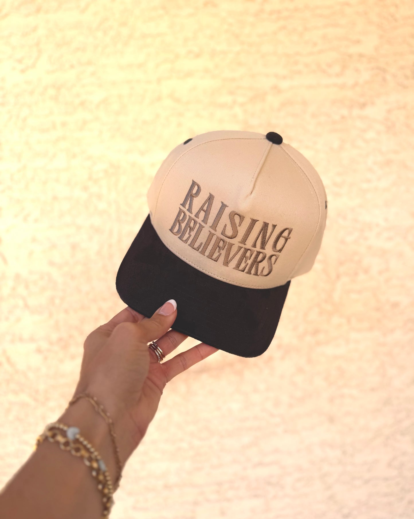 VT-raising believers + metallic tan and genuine chocolate, brown suede bill +Premium vintage SnapBack
