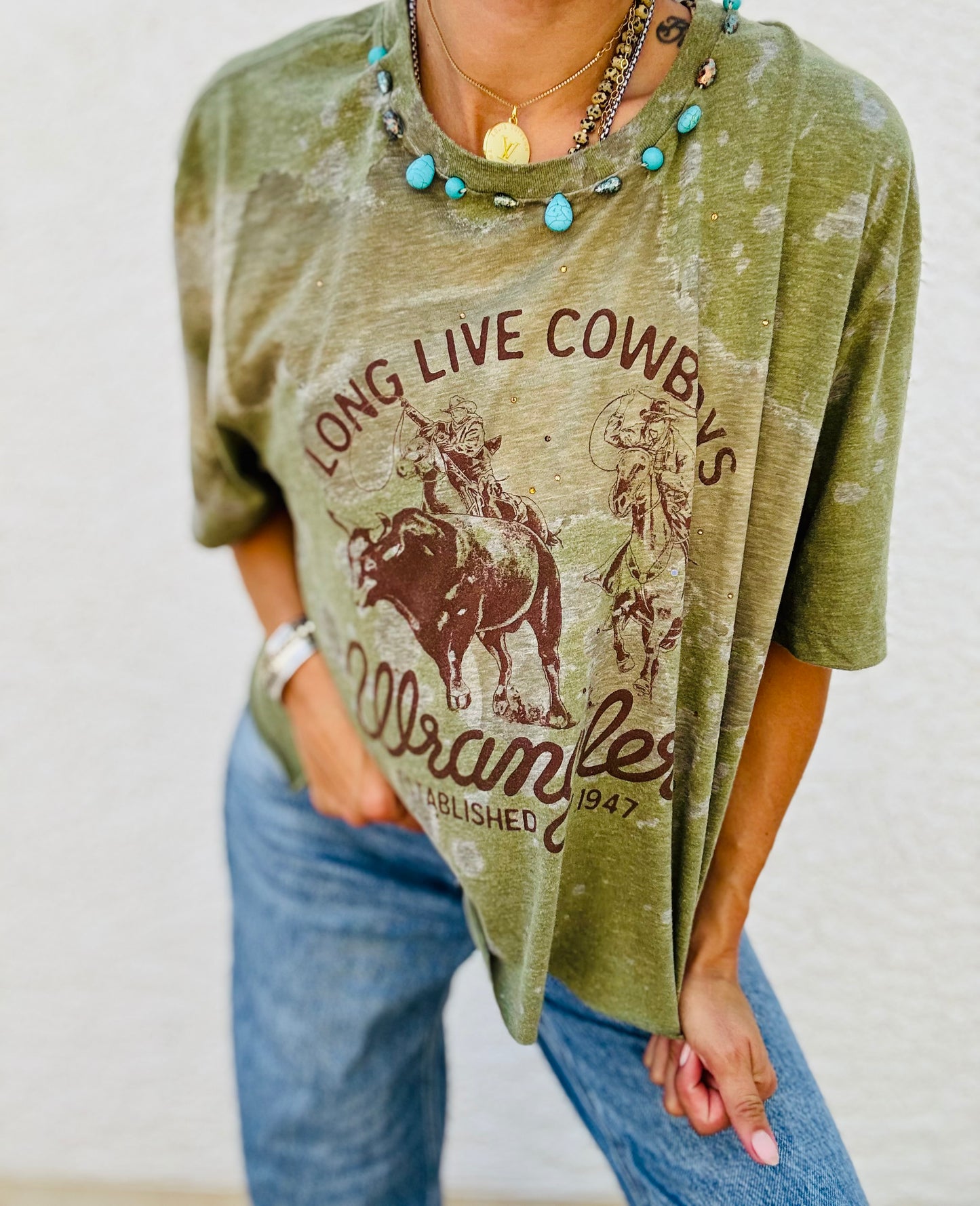 TEE-long live cowboys beaded collar  - DAD TEE XL
