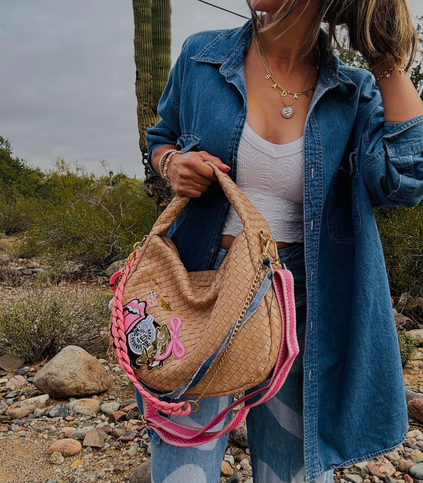 NY-day you deserve pink and denim babe+ denim snaffle bit and checkered *CHANDLER BAG**