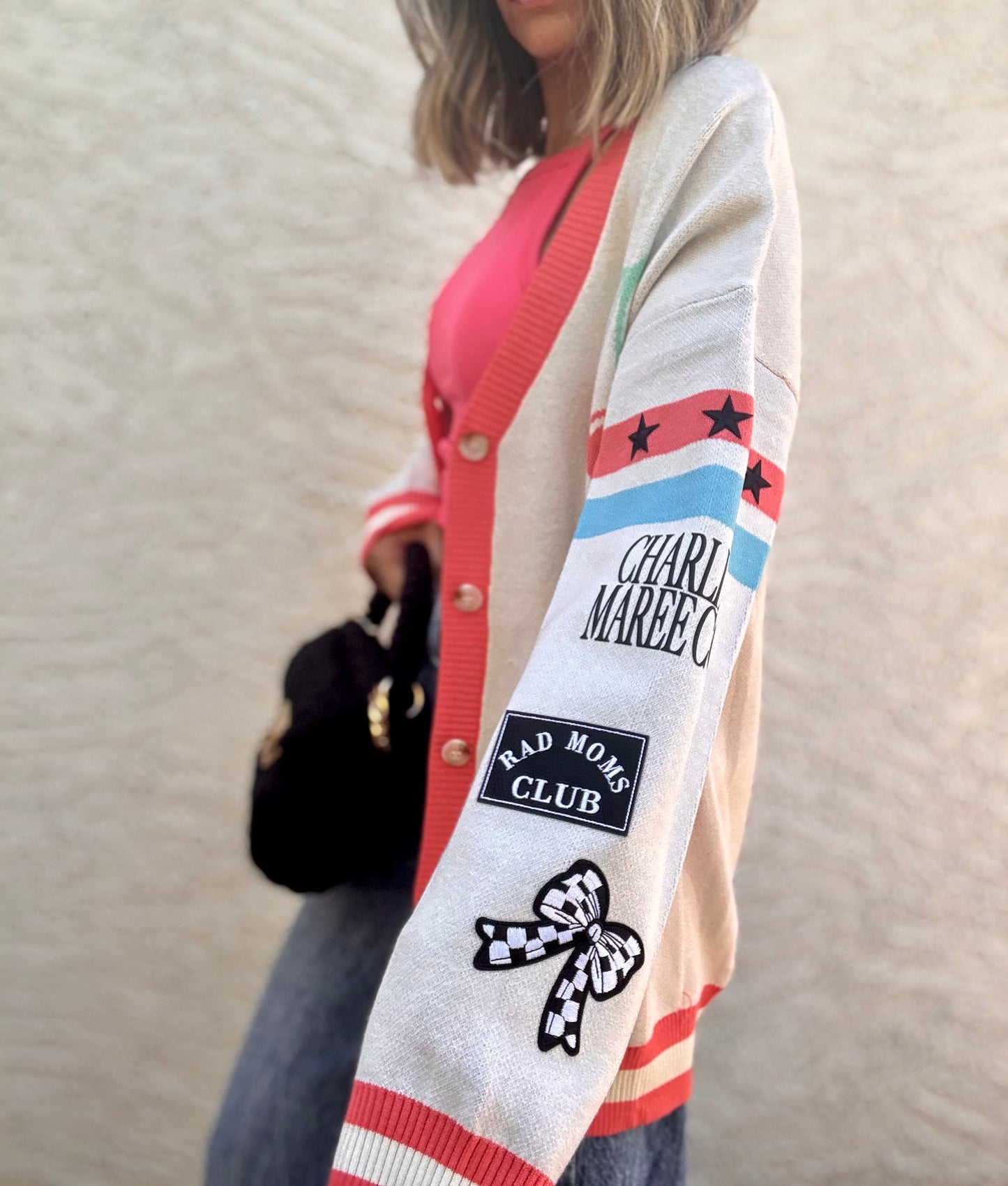 BBH-CHERRY BOMBER CARDIGAN + rad mom club +￼ CM CO. babes